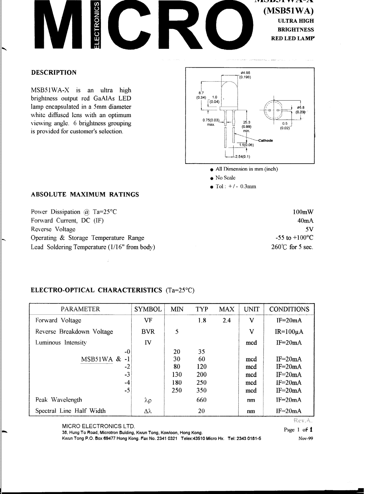 MICRO MSB51WA-0, MSB51WA-1, MSB51WA-3, MSB51WA-4, MSB51WA-5 Datasheet