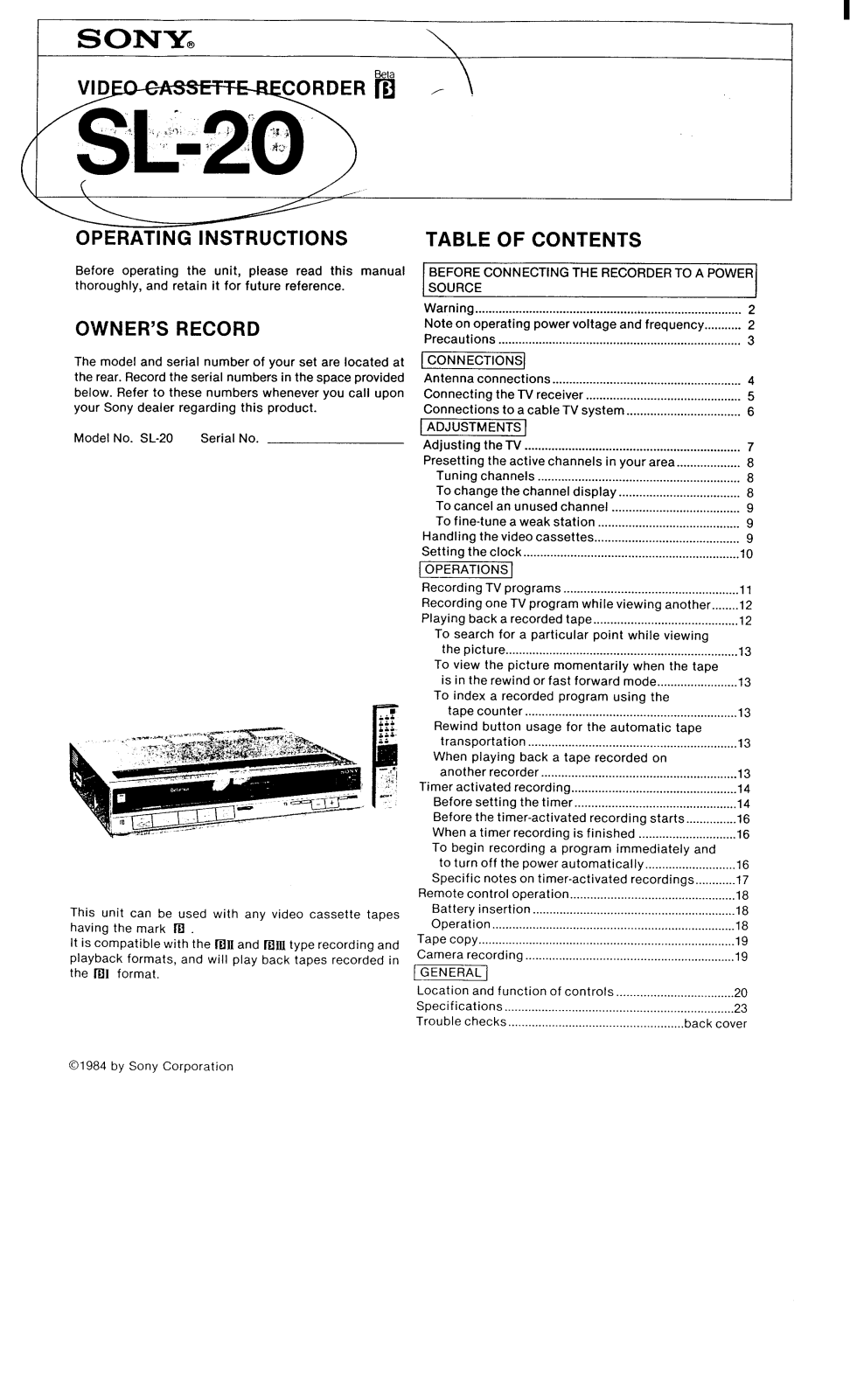 Sony SL-20 User Manual