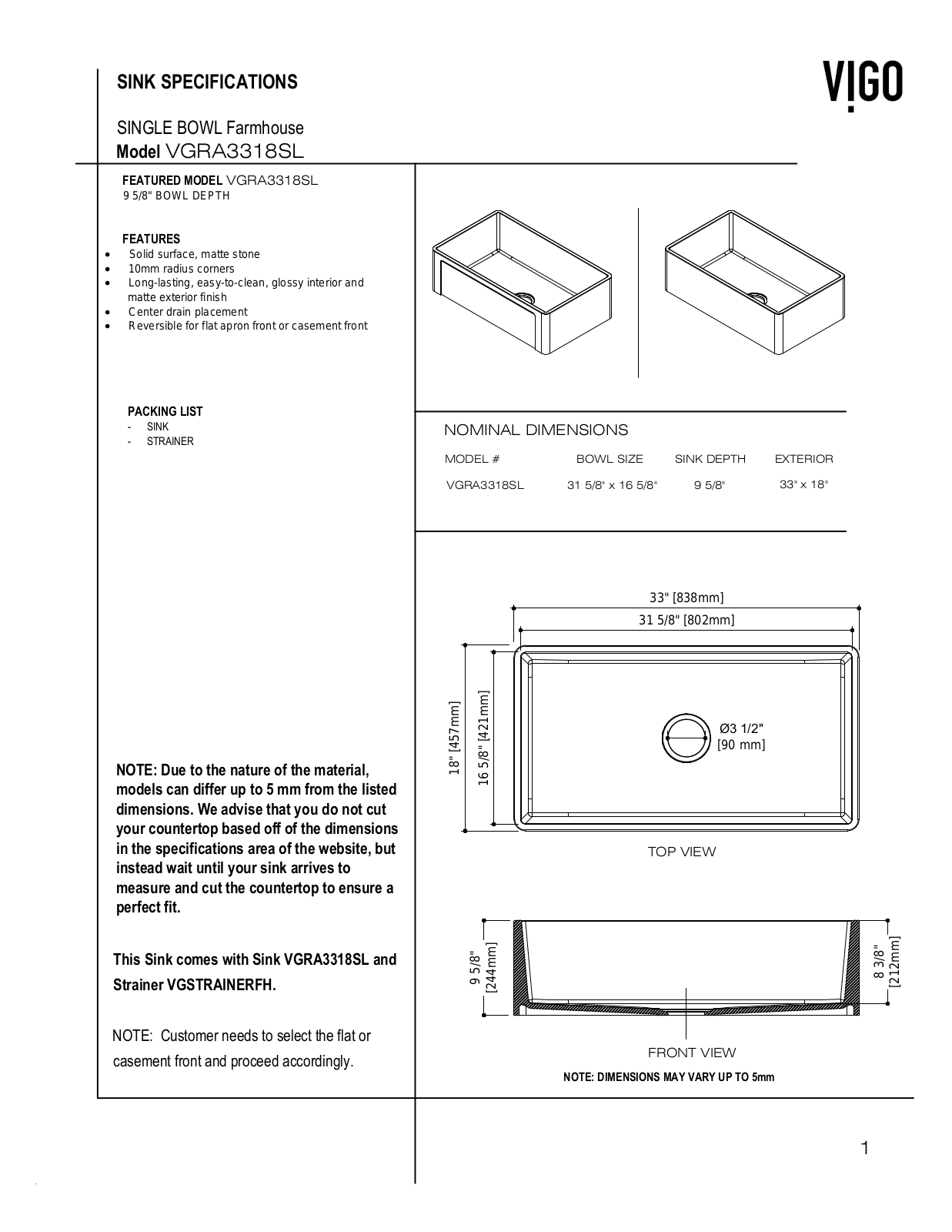 Vigo VG15494, VG15492, VGRA3318SL Specifications