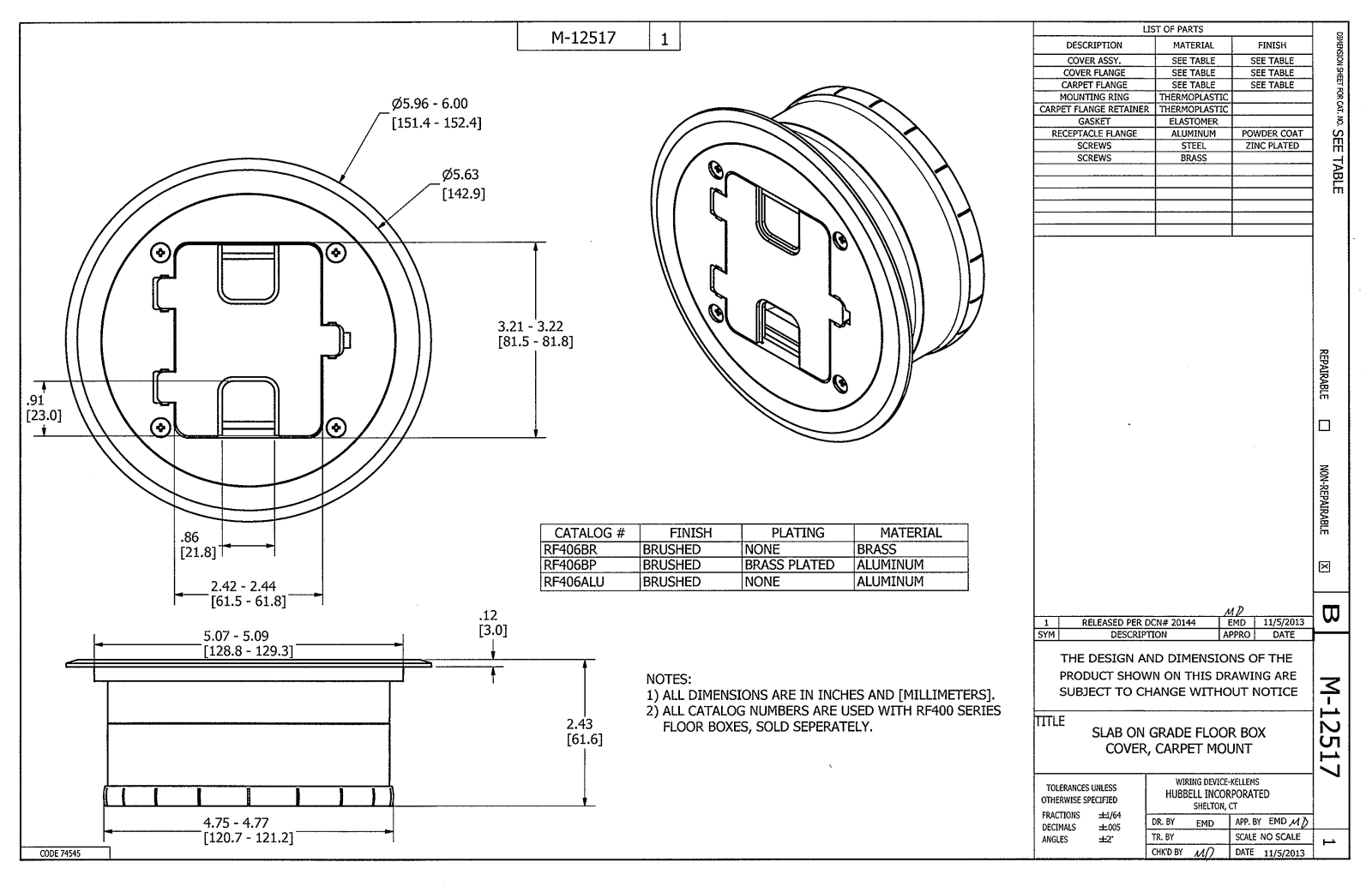 Hubbell RF406BR Reference Drawing