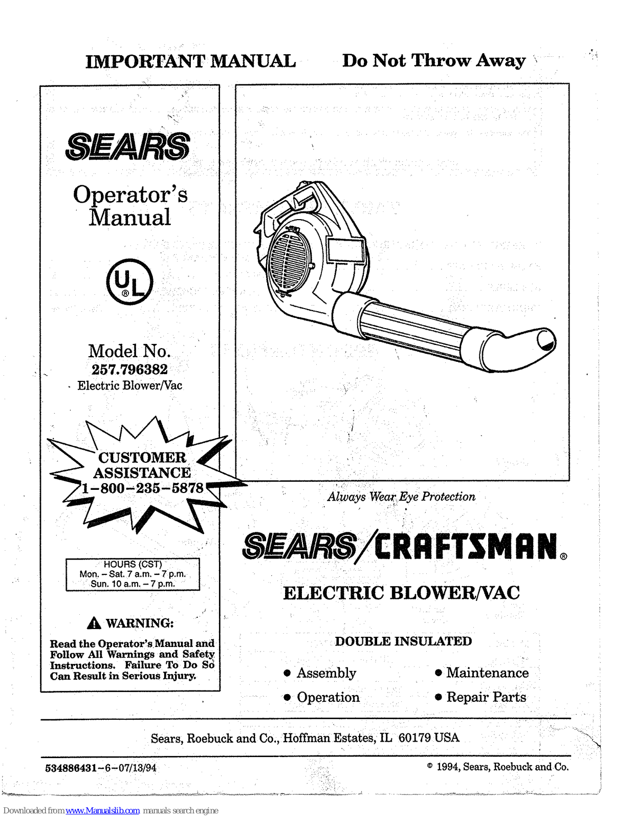 Sears Craftsman 257.796382 Operator's Manual