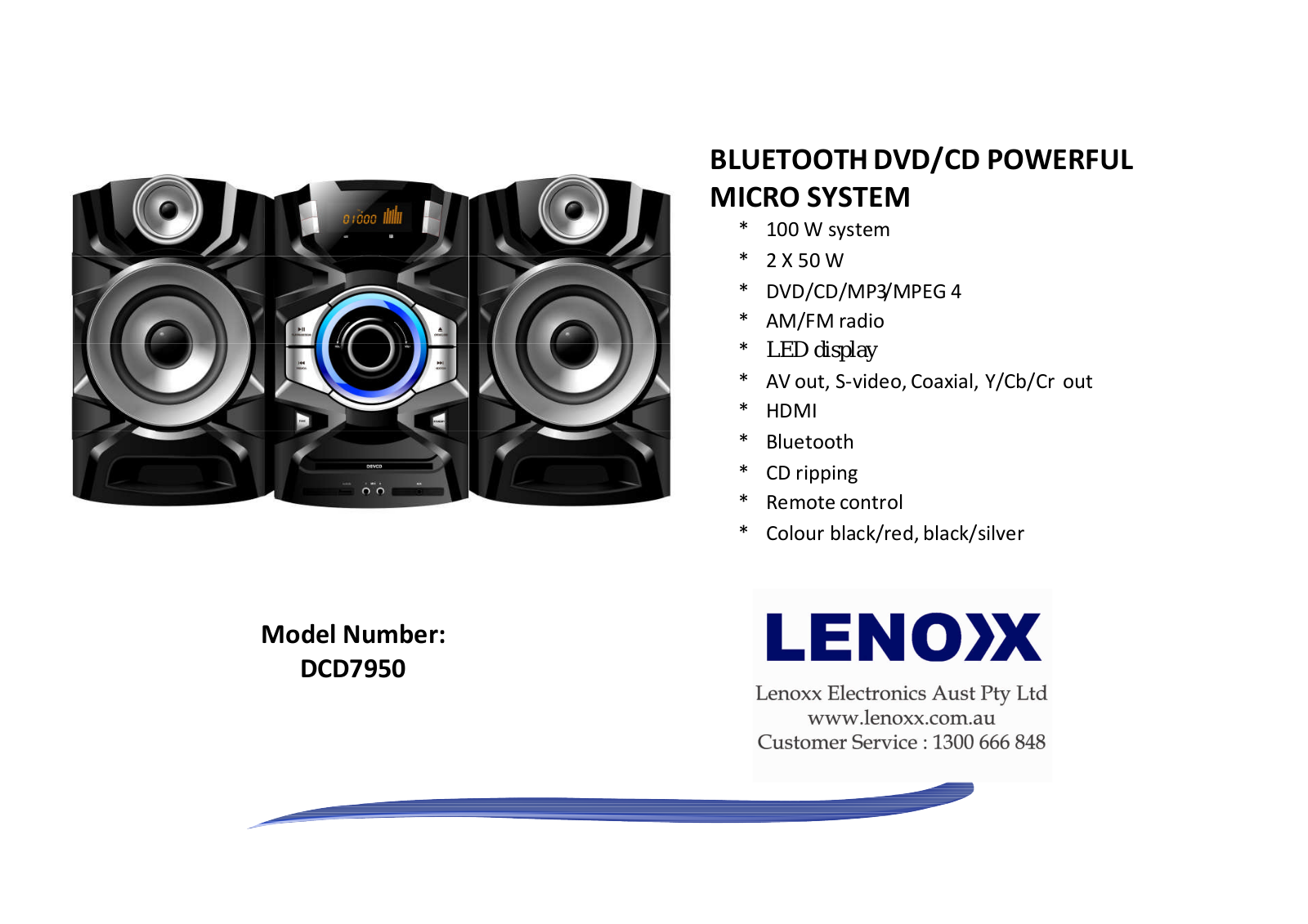 Lenoxx DCD7950 Specifications Sheet