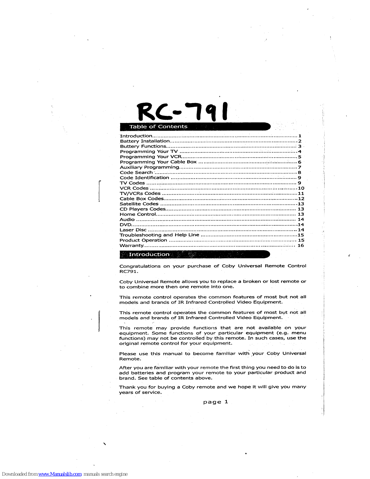 Coby RC-791 User Manual