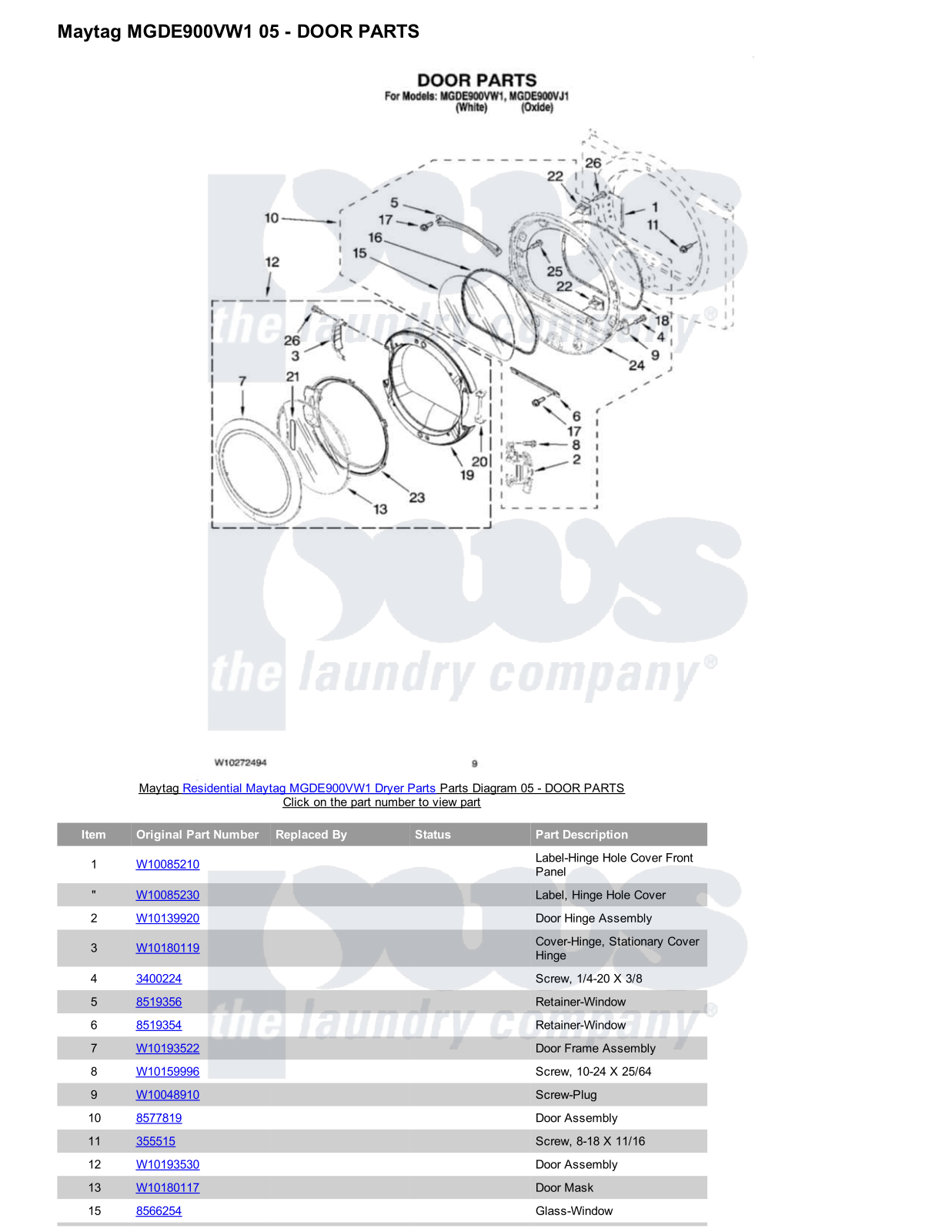 Maytag MGDE900VW1 Parts Diagram