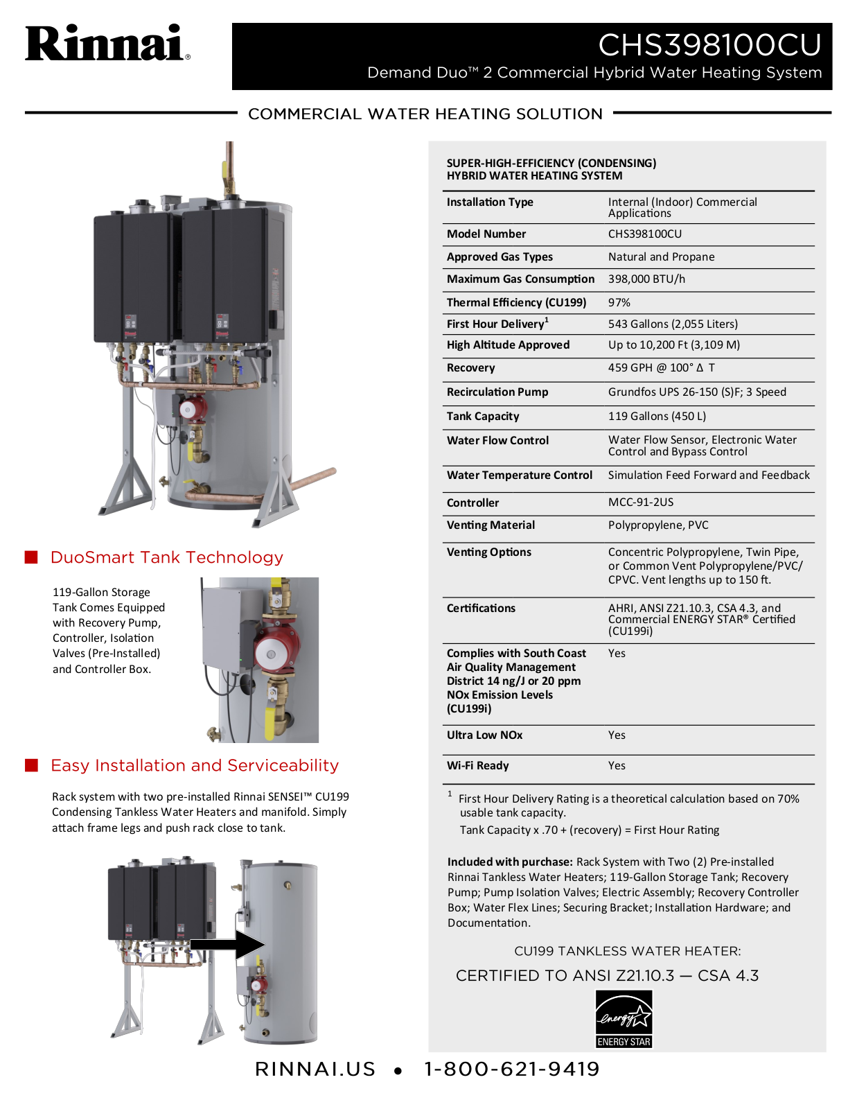 Rinnai Water Heater CHS398100CUiN Specifications