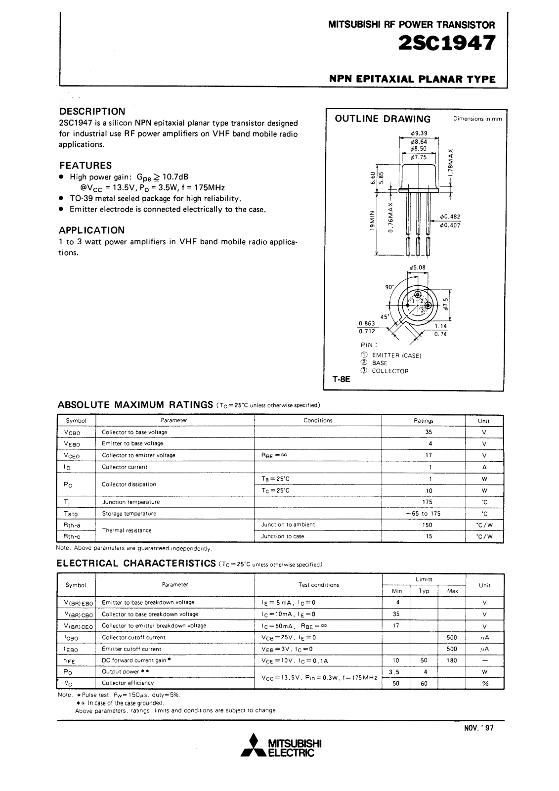 Mitsubishi Electric Corporation Semiconductor Group 2SC1947 Datasheet