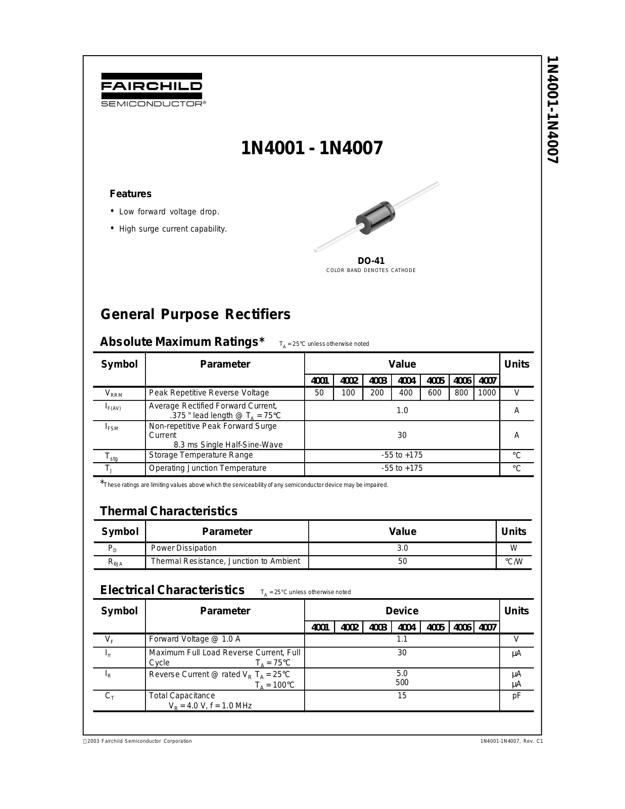 Fairchild 1N4001, 1N4007 service manual