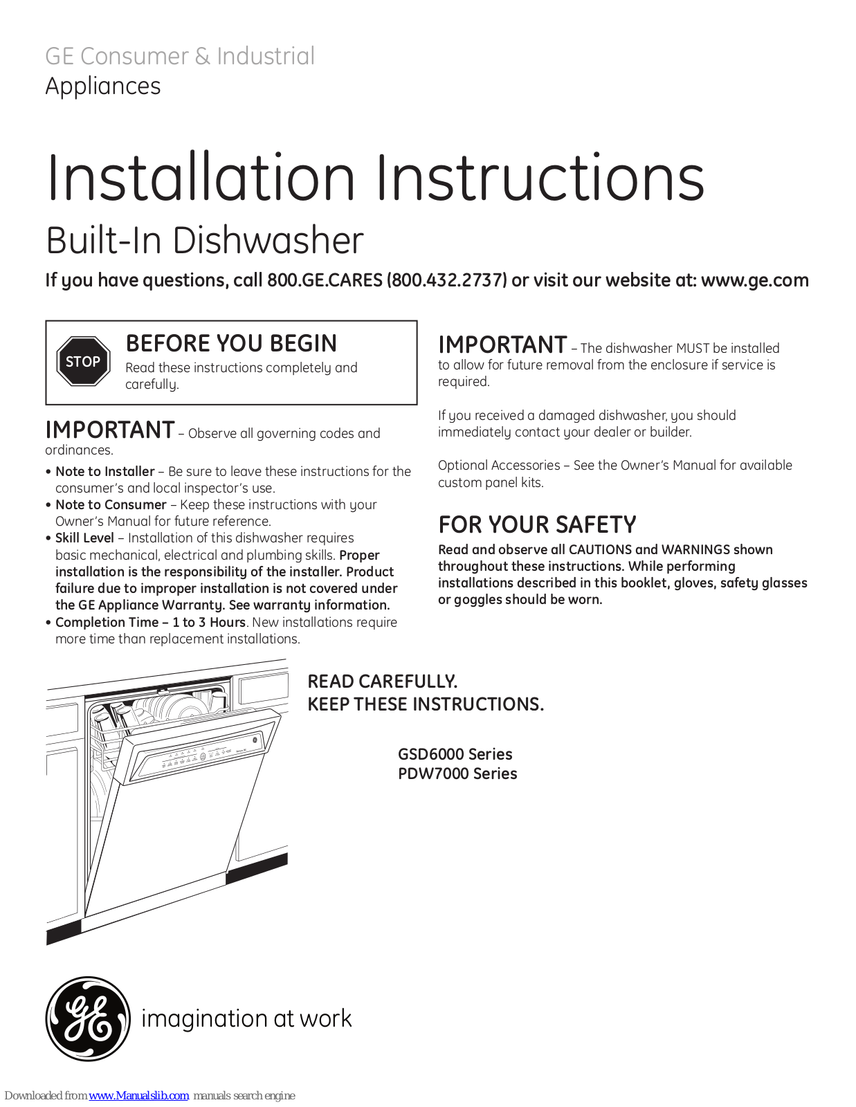 GE GSD6960JSS, GSD6960NSS, PDW7300J, PDW7380JSS, PDW7380NSS Installation Instructions Manual