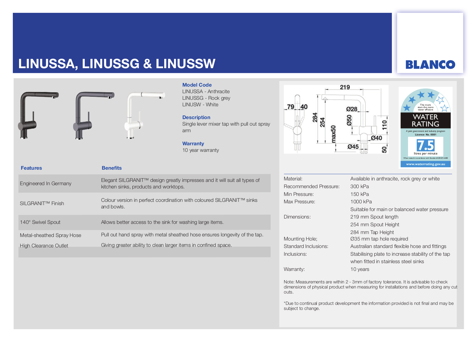 Blanco LINUSSG Specifications Sheet