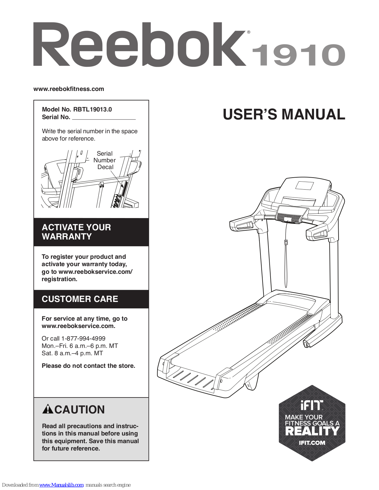 Reebok 1910 Treadmill, RBTL19013.0 User Manual