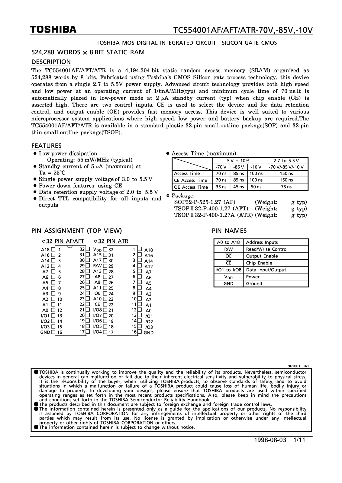 Toshiba TC554001ATR-85V, TC554001AFT-85V, TC554001AF-85V Datasheet