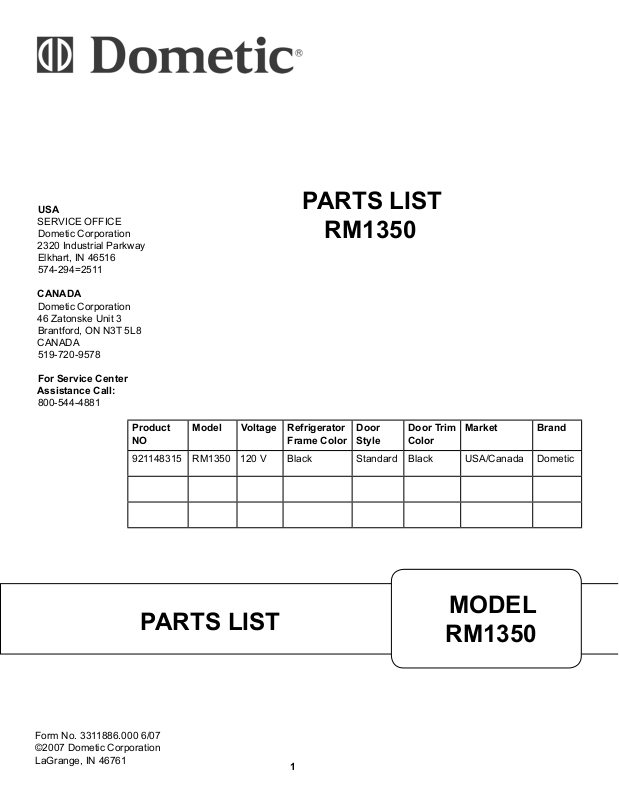 Dometic RM1350 PARTS LIST