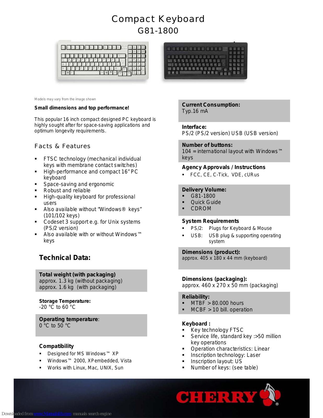 Cherry G81-1800HQAUS, G81-1800LPAUS-0, G81-1800LAAUS-2, G81-1800LAMUS-0, G81-1800LPAUS-2 Specifications