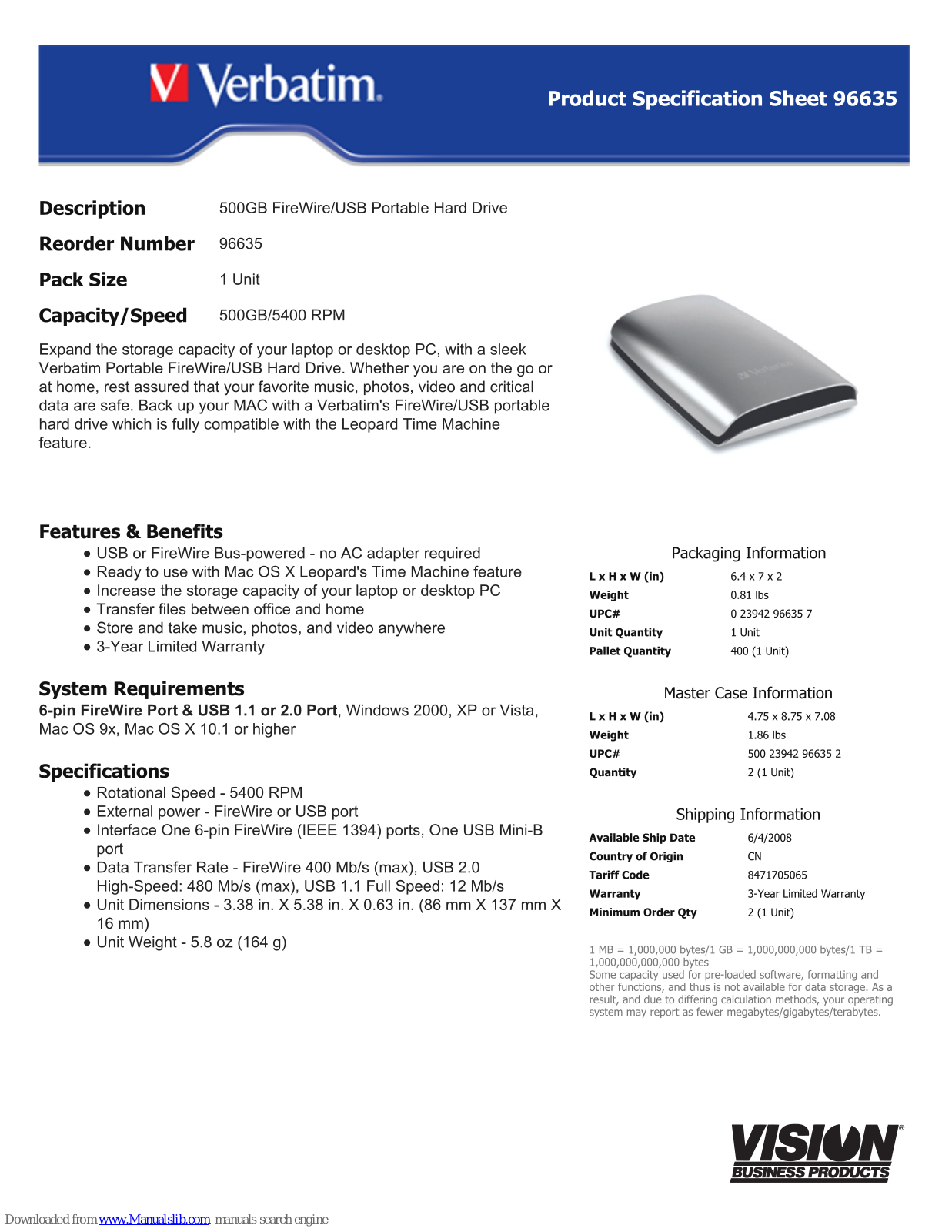 Verbatim 96635 Specifications - ManualMachine.com
