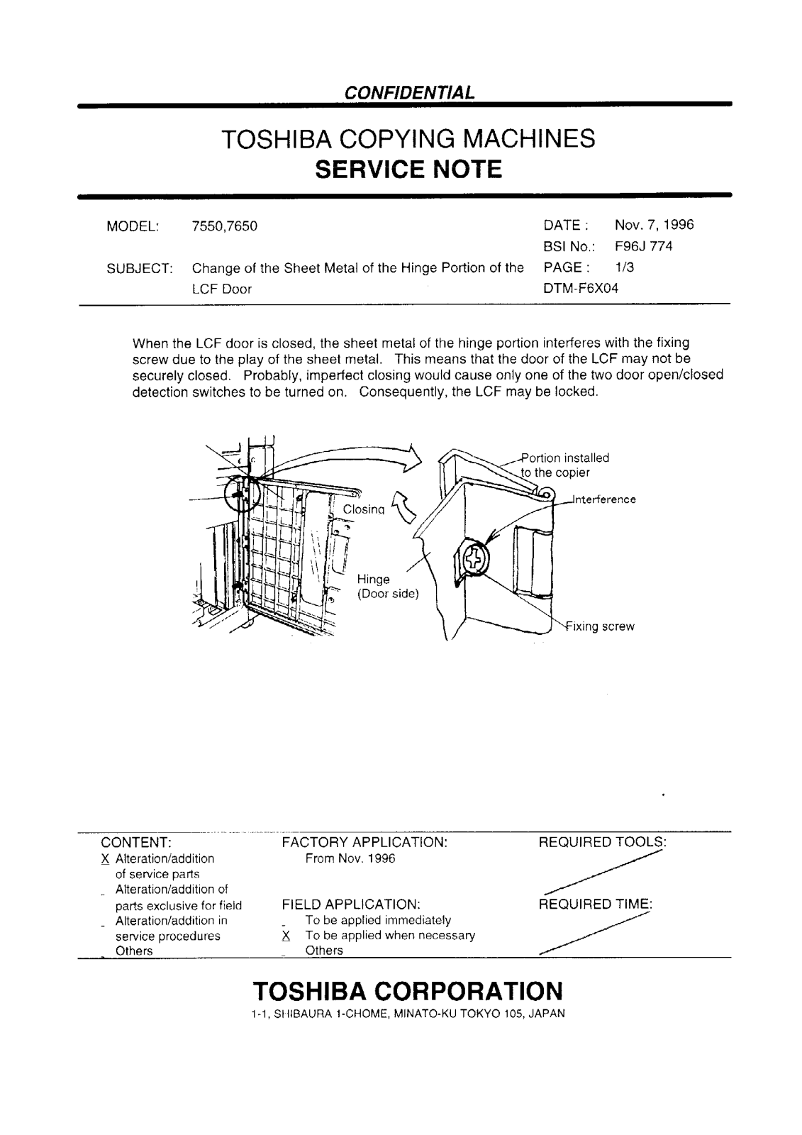 Toshiba f96j774 Service Note