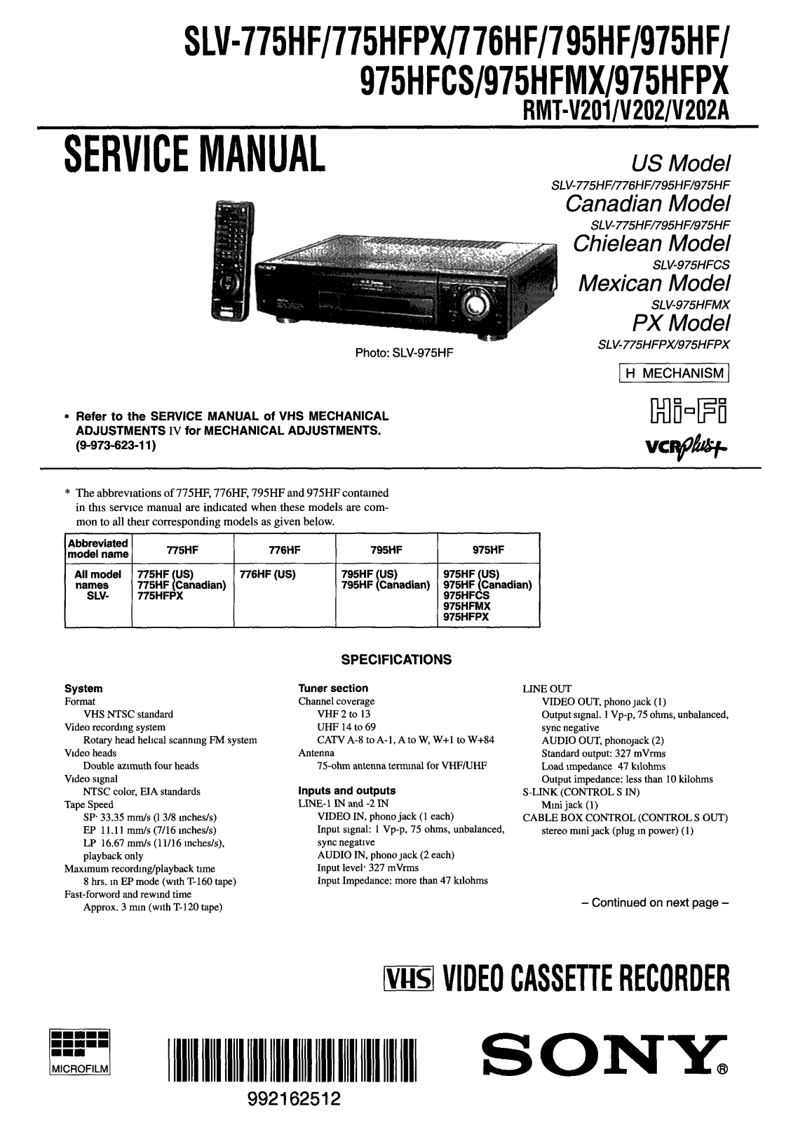 Sony SLV-975-HFCS Service manual