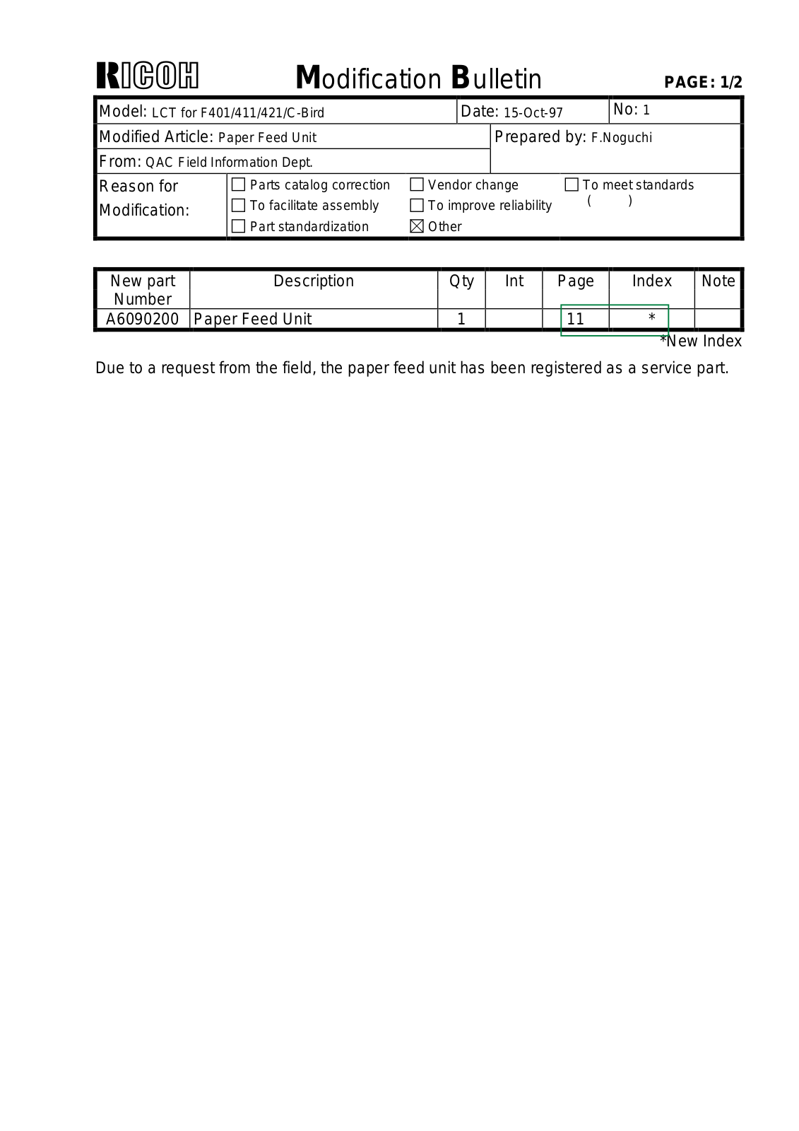 Ricoh RT34 Modification Bulletin