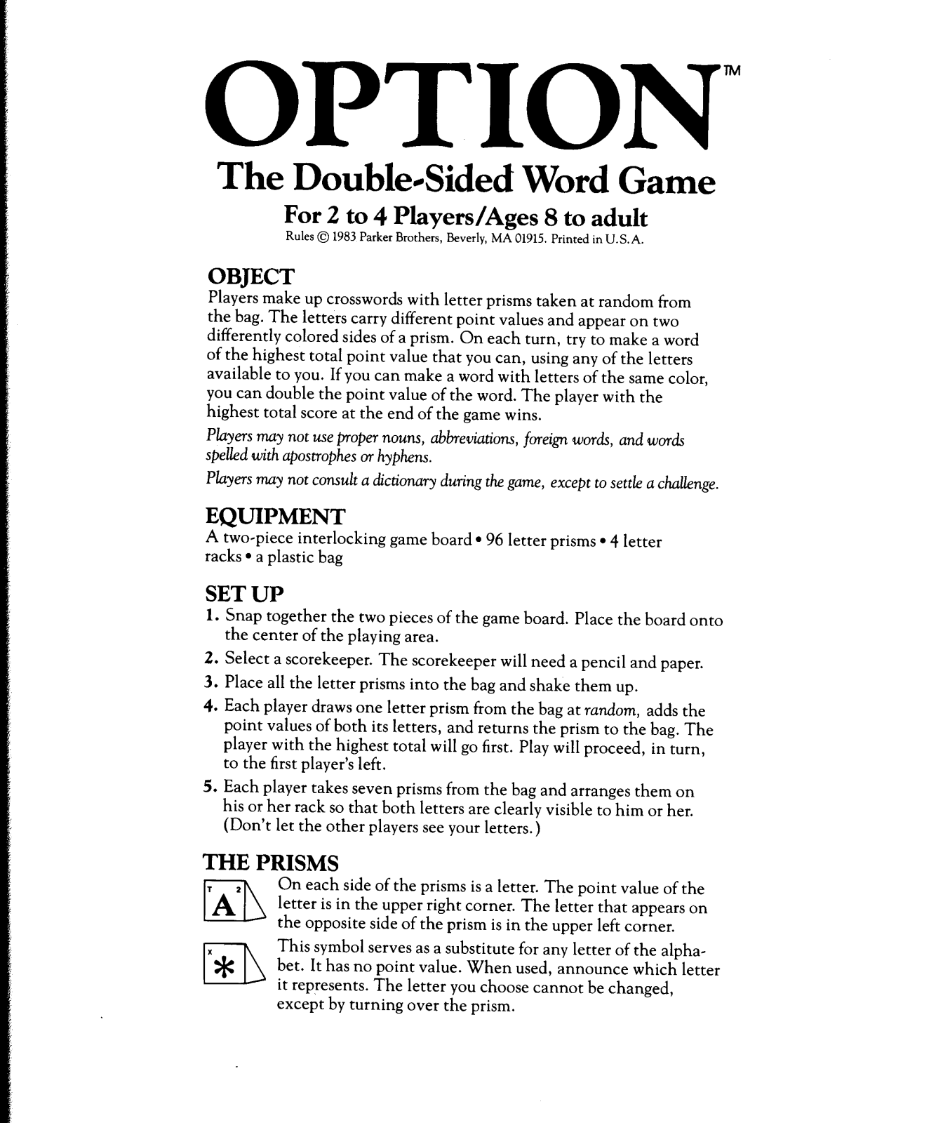 Hasbro OPTIONS User Manual