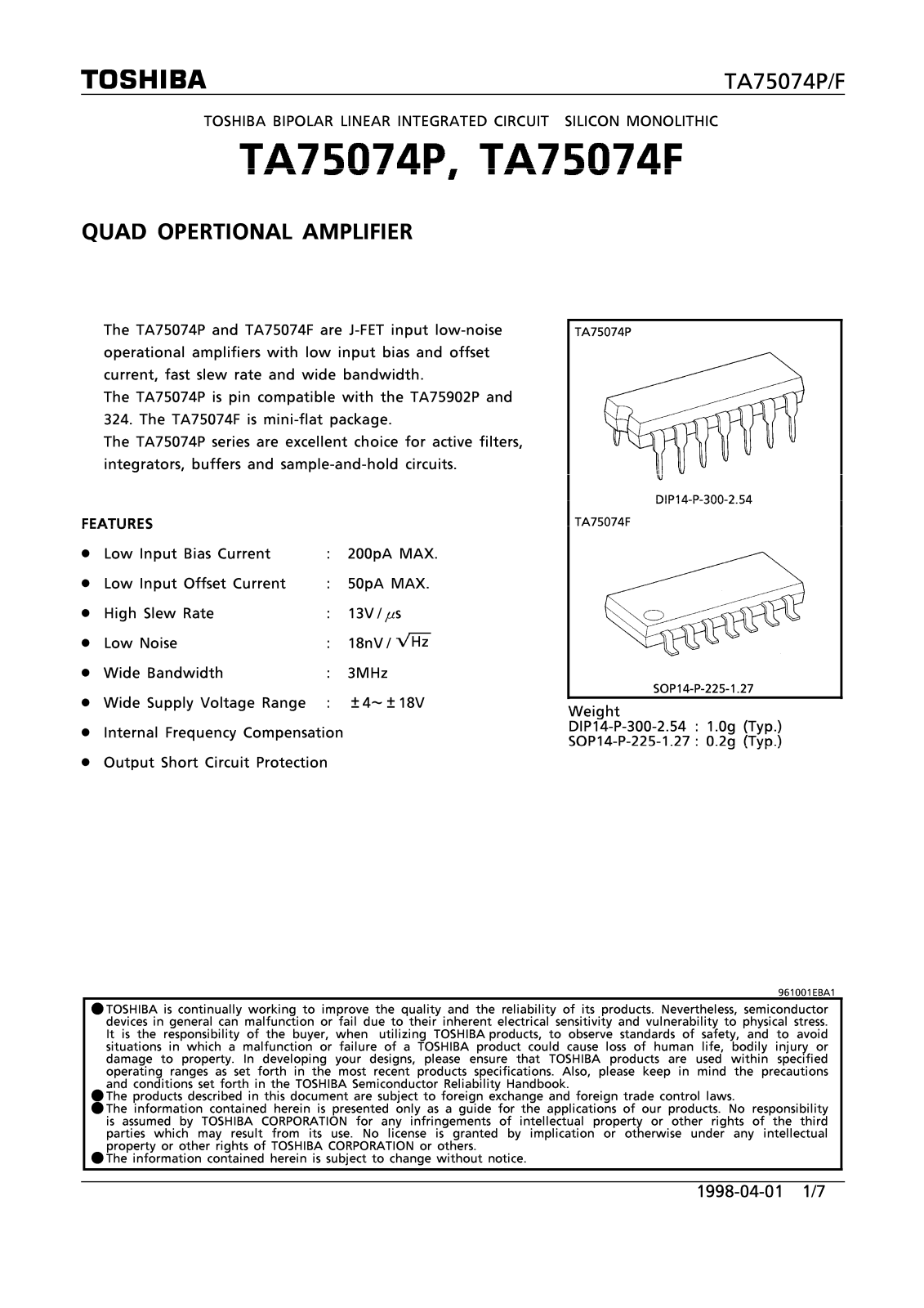 Toshiba TA75074F, TA75074P Datasheet