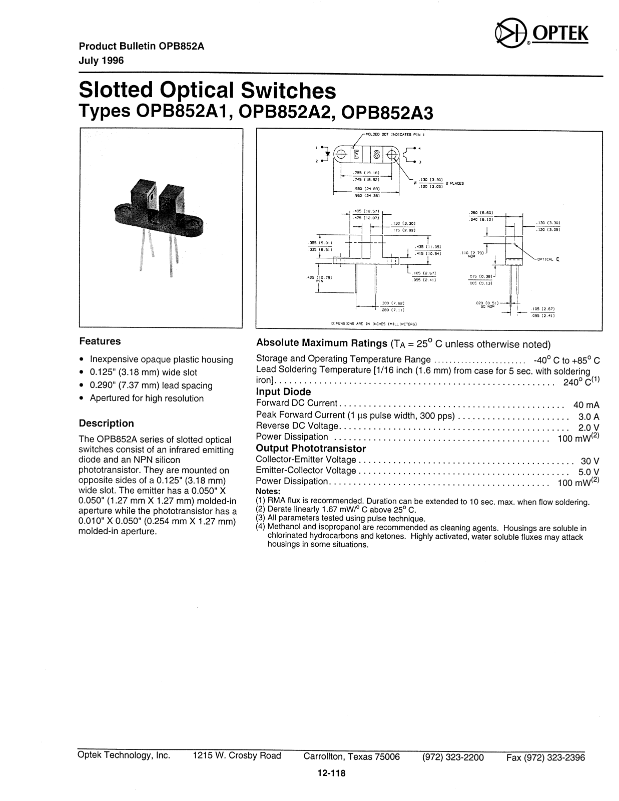 OPTEK OPB852A2, OPB852A1, OPB852A3 Datasheet