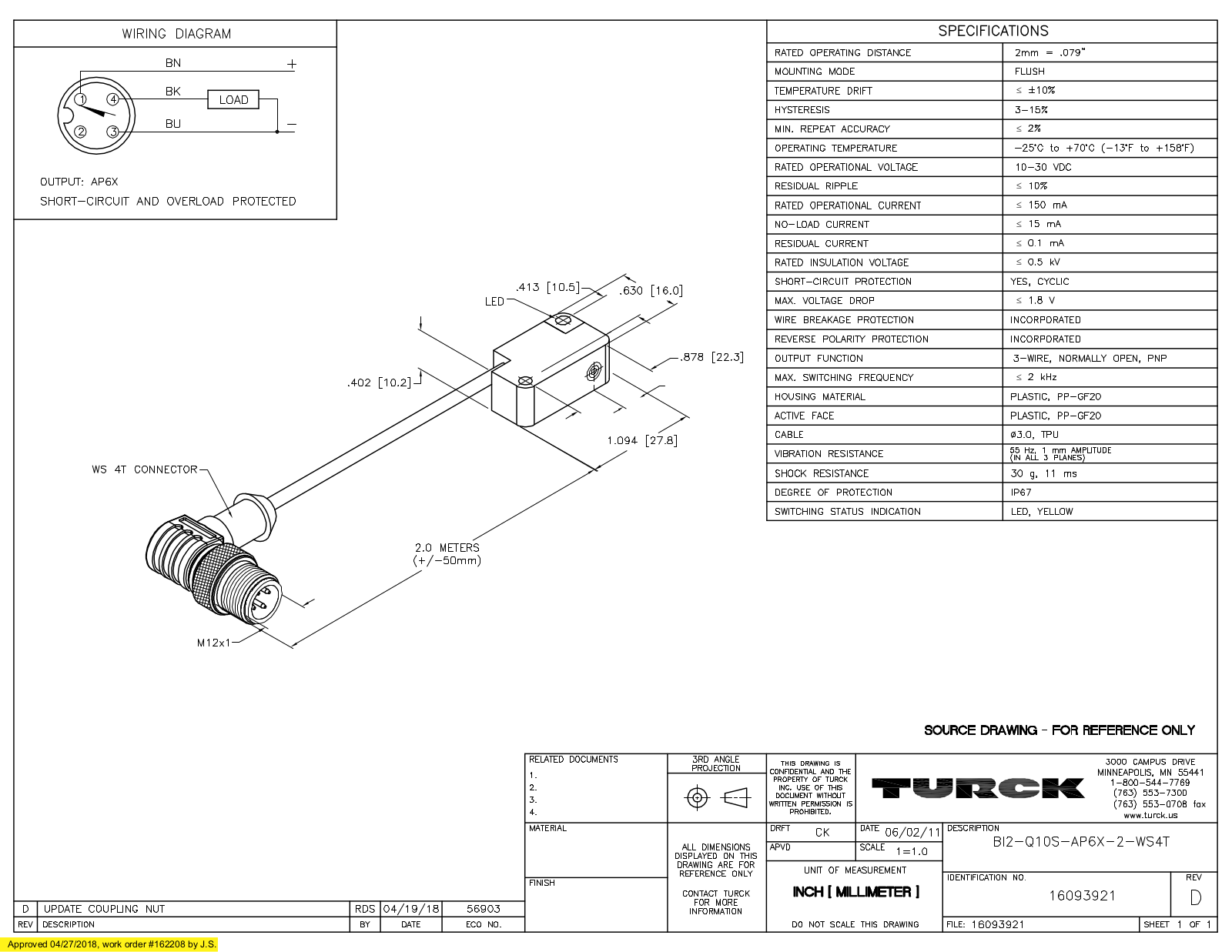 Turck BI2-Q10S-AP6X-2-WS4T Data Sheet