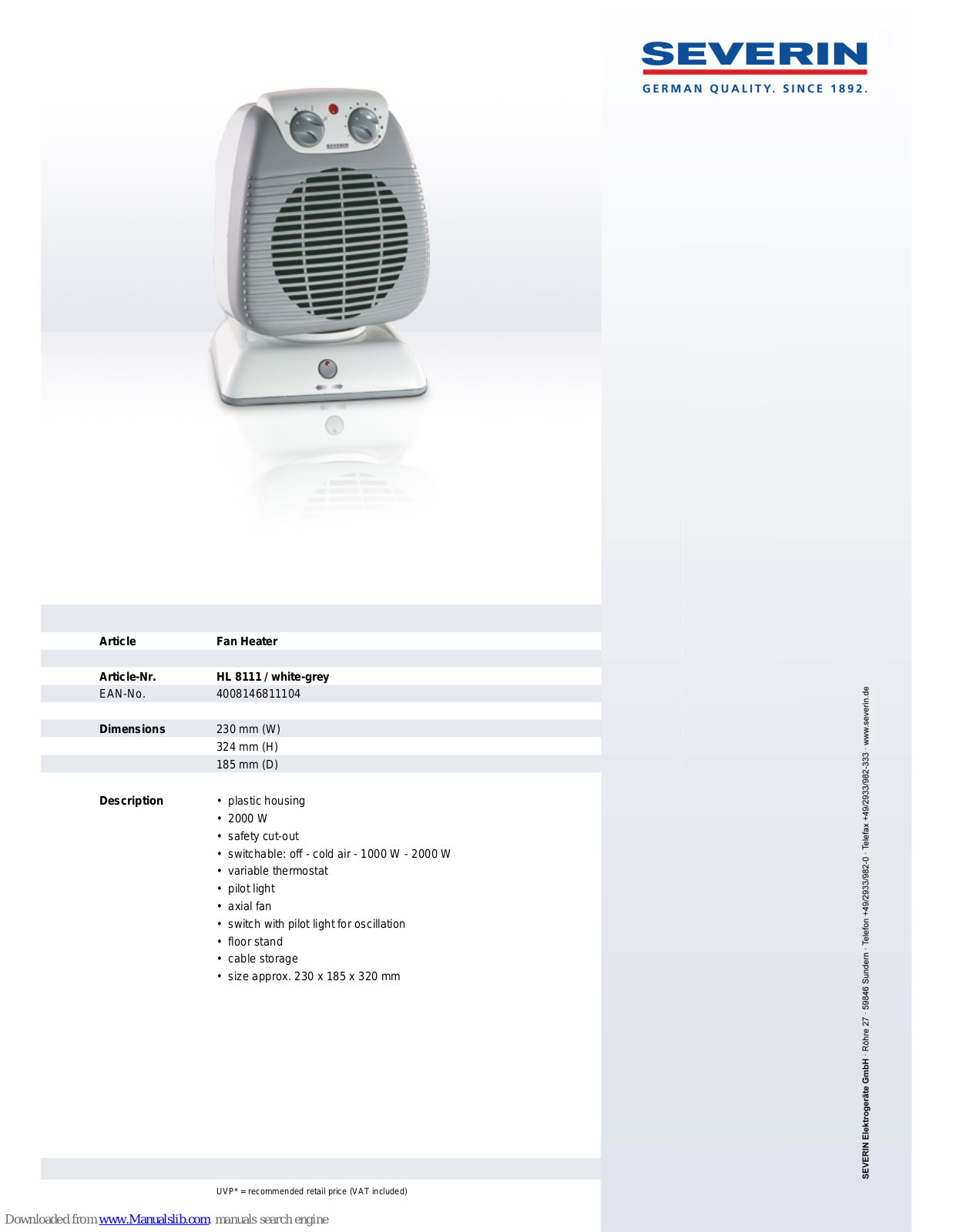 SEVERIN OSZILLATION HL 8111, HL 8111 Dimensions