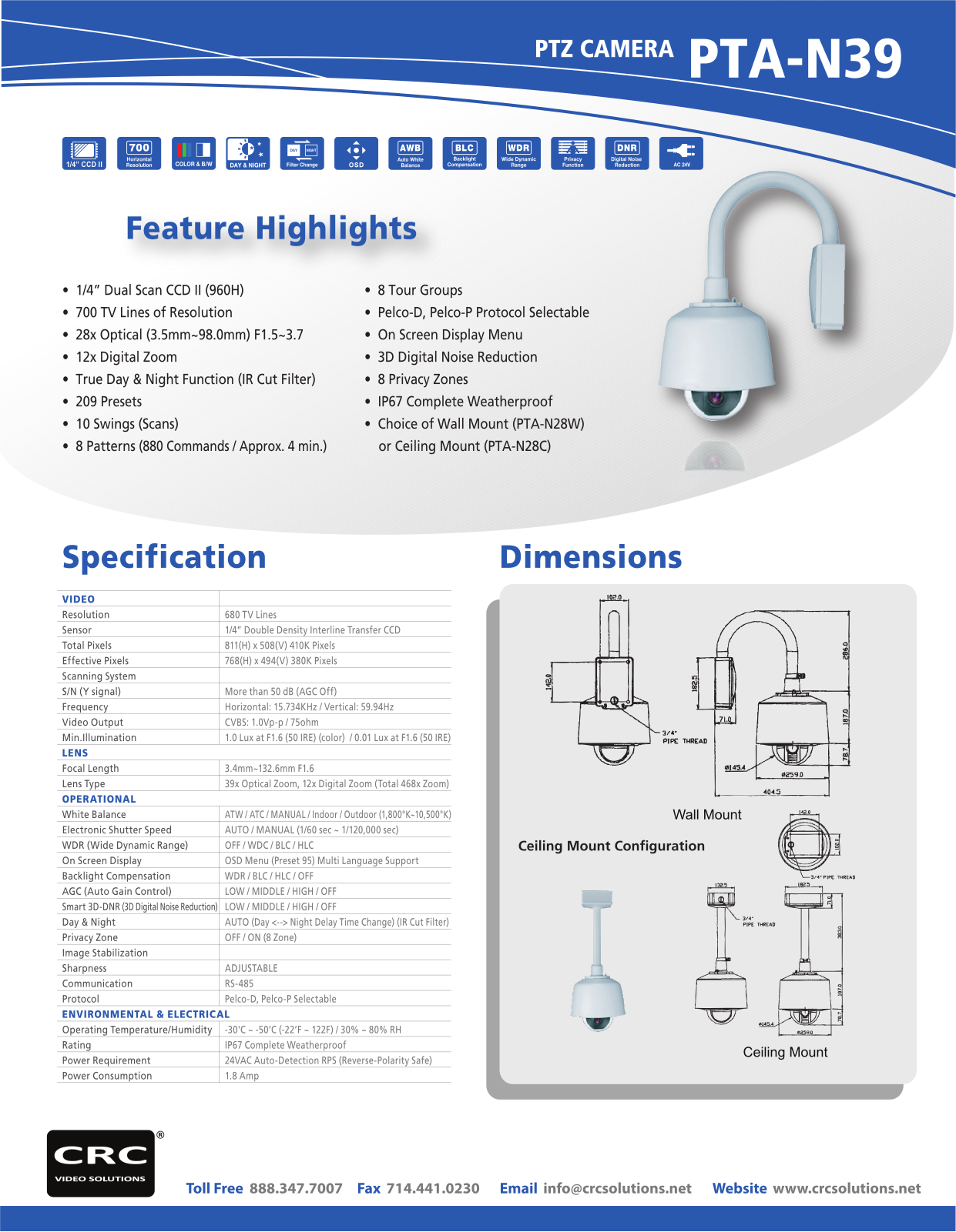 Cantek PTA-N39C Specsheet