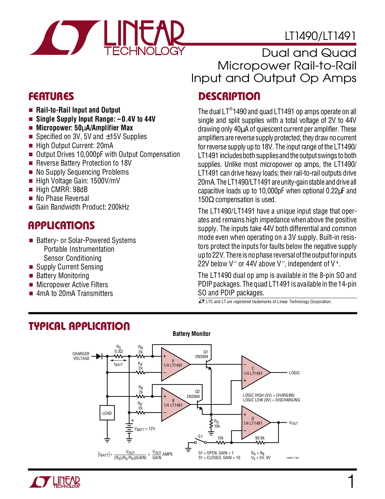 Linear Technology LT1491, LT1490 Datasheet