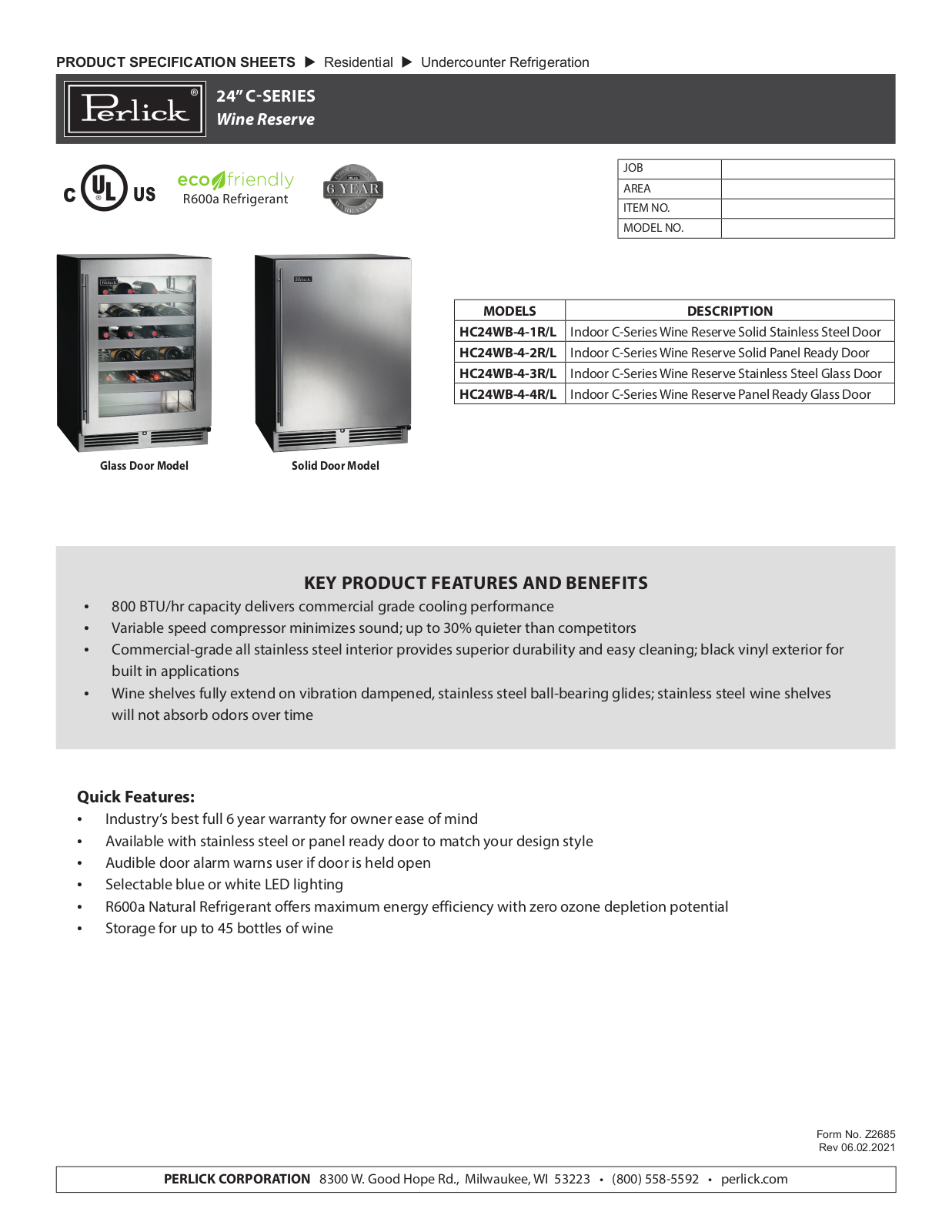 Perlick HC24WB-4-1R, HC24WB-4-2R, HC24WB-4-3R, HC24WB-4-4R, HC24WB-4-1L Specification Sheet