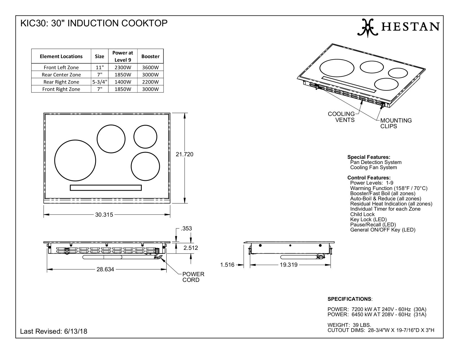 Hestan KIC30BK, KIC30MS Specifications