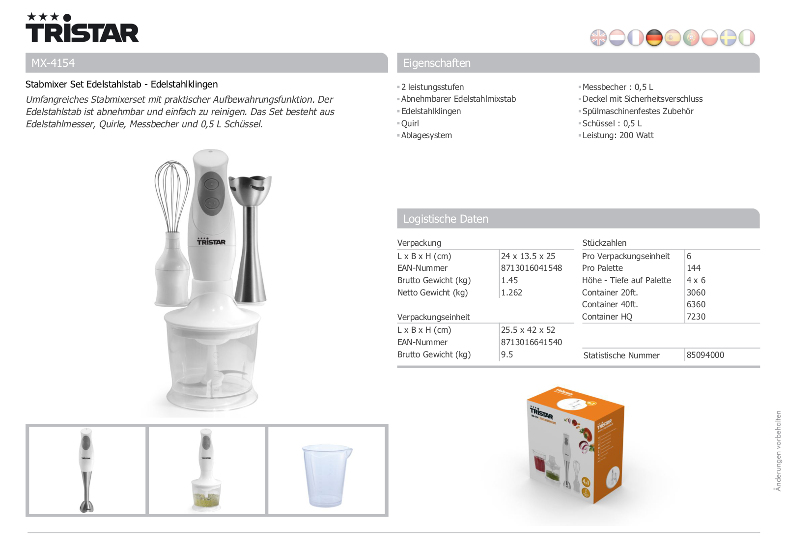 Tristar MX-4154 Technical data