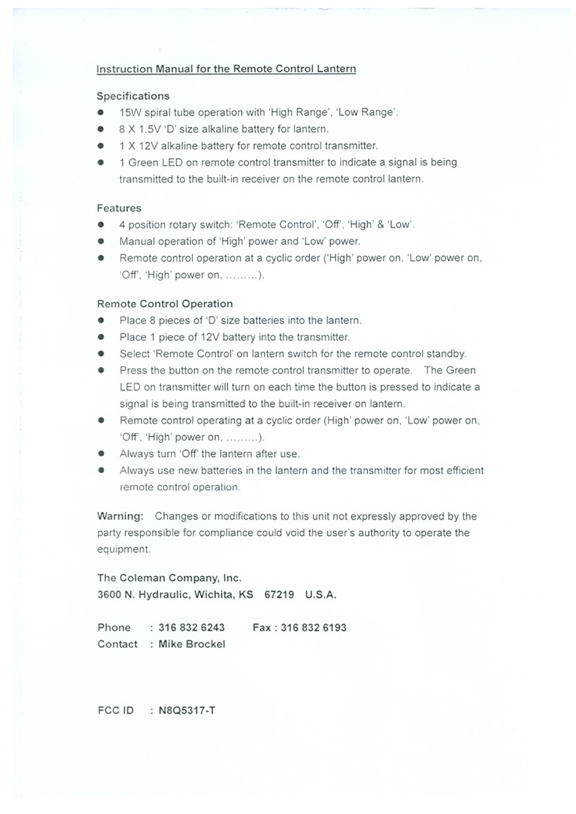 The Coleman 5317 T User Manual