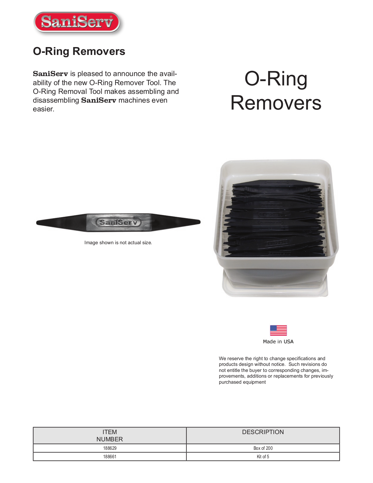 SaniServ O-Ring Removers Specifications