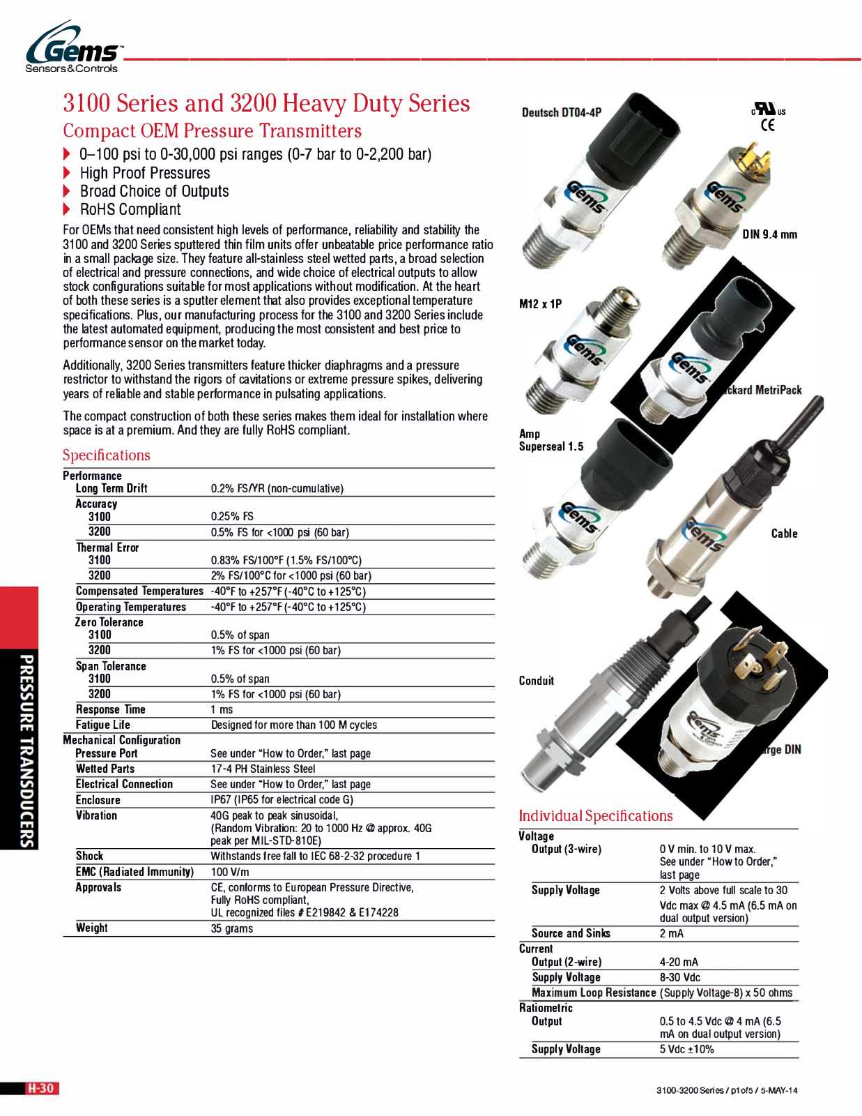 Gems Sensors & Controls 3100 Series, 3200 Heavy Duty Series Catalog Page