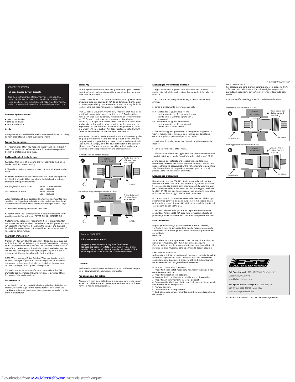 FSA BOTTOM BRACKETS, ISIS, ISO, JIS Service Instructions Manual