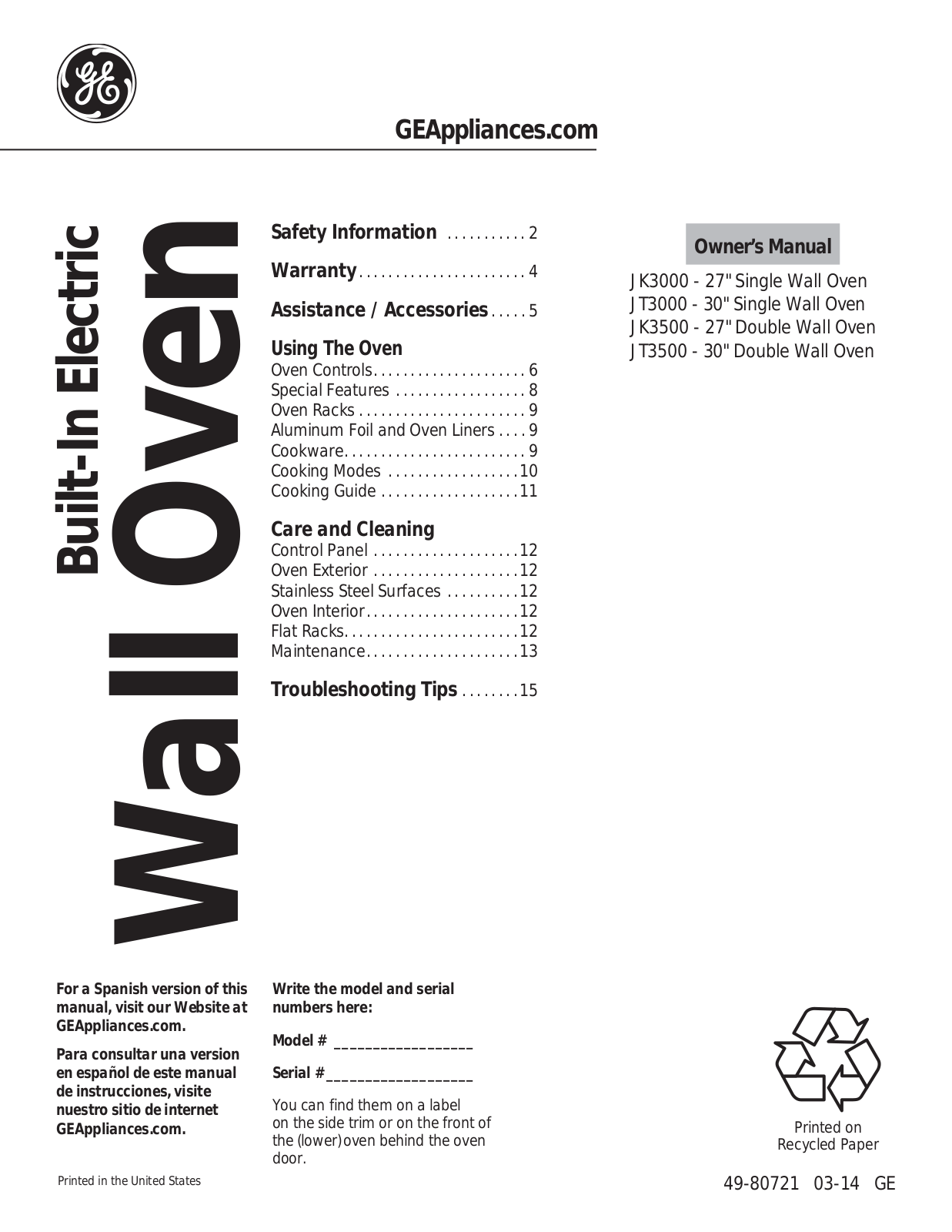 GE JT3500DFCC User Manual