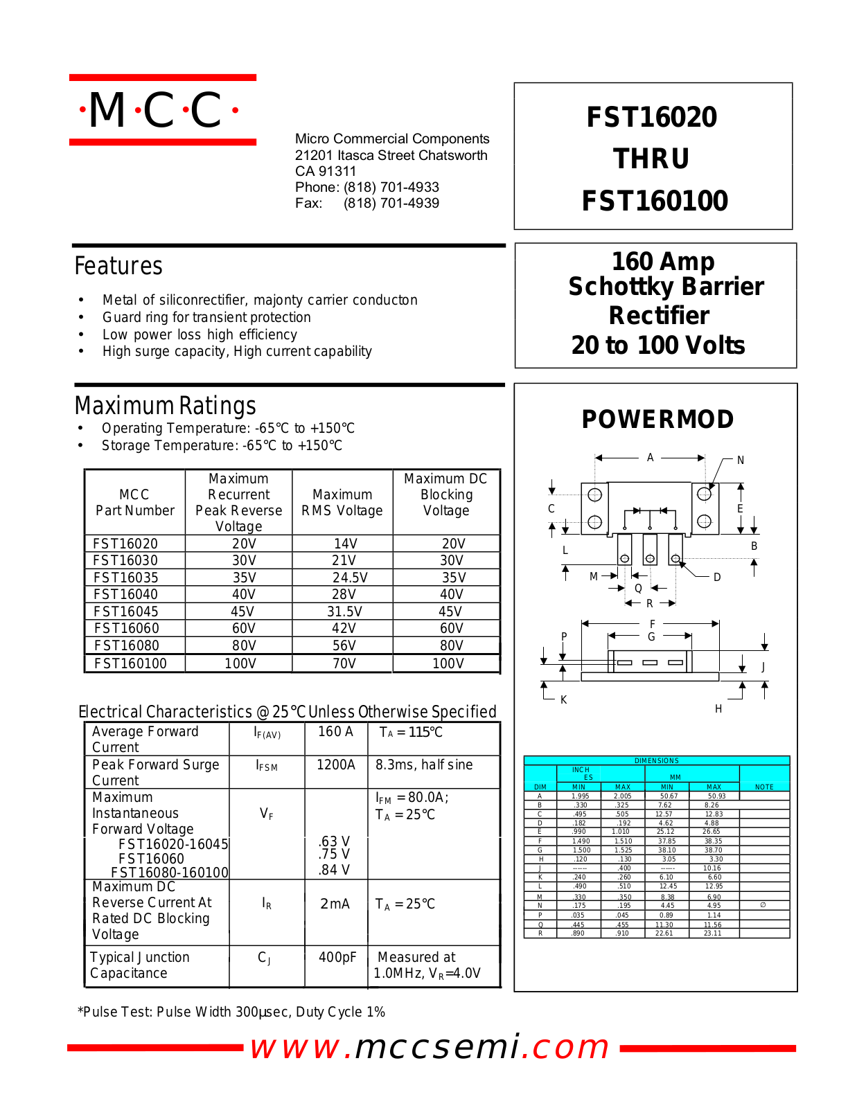 MCC FST16080, FST16060, FST16045, FST16040, FST16035 Datasheet