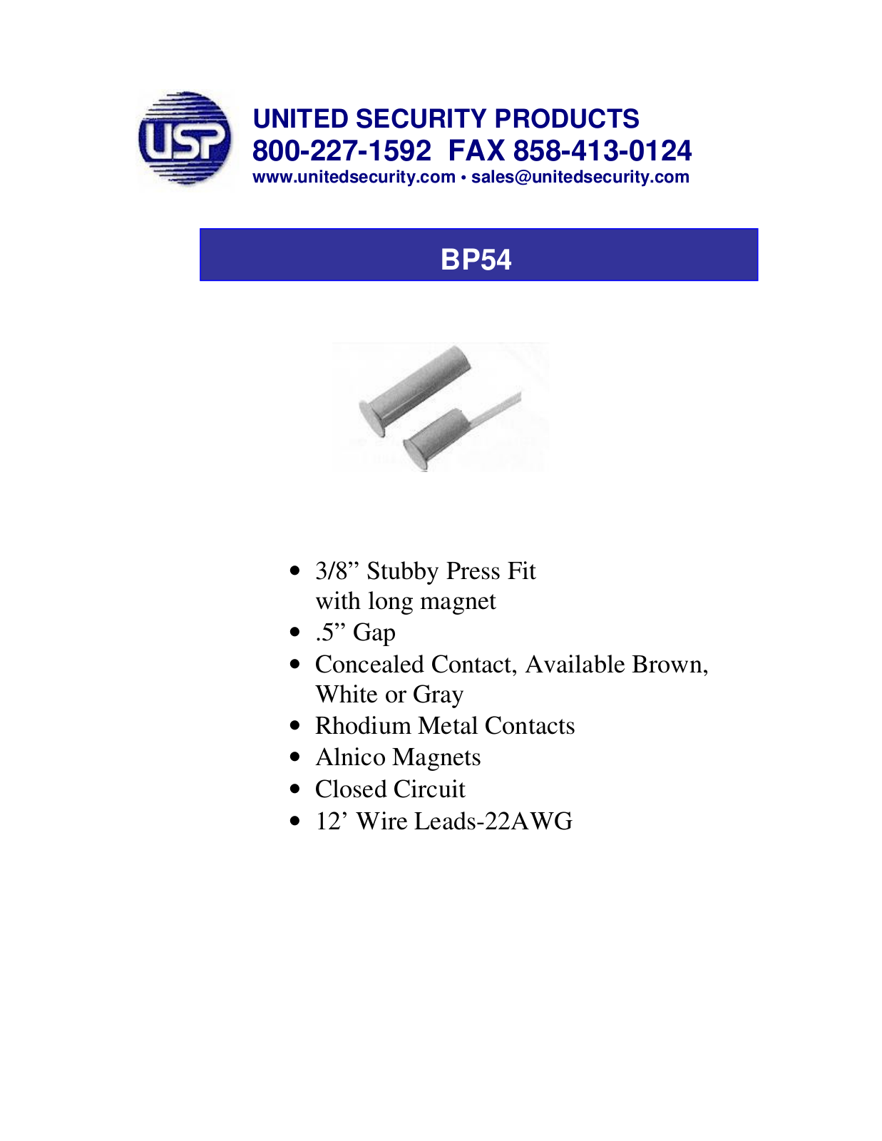 United Security Products BP54 Specsheet