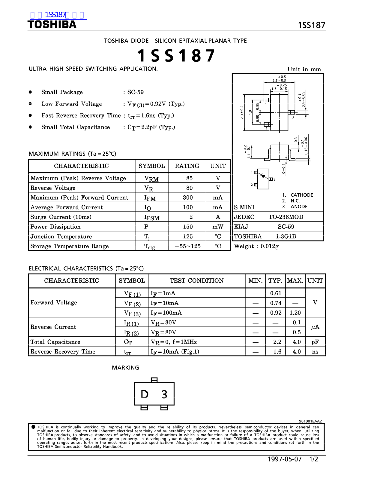 TOSHIBA 1SS187 Technical data