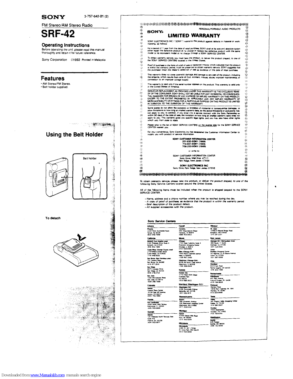 Sony Walkman SRF-42 Operating Instructions Manual