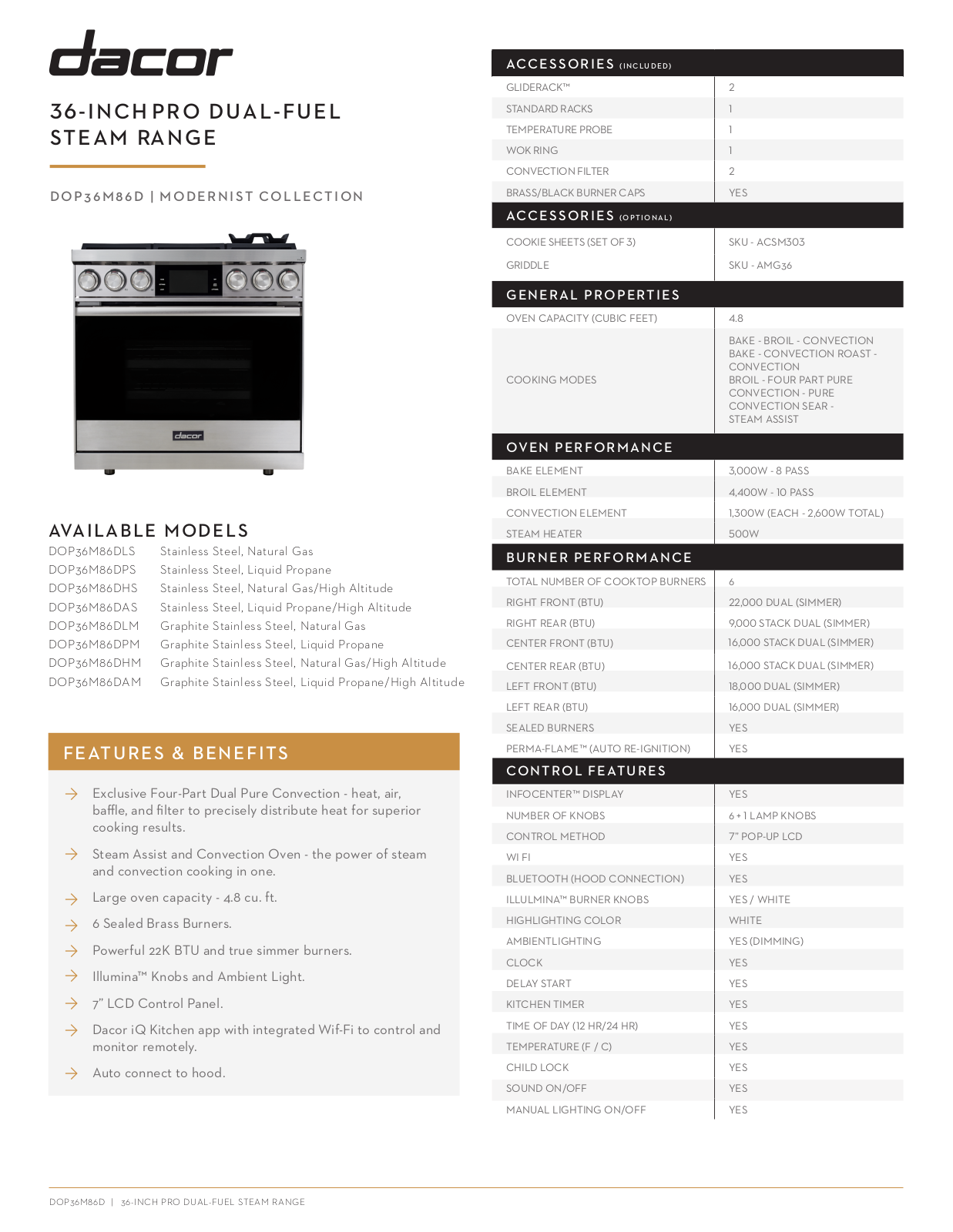 Dacor DARERADWRH106 Specs