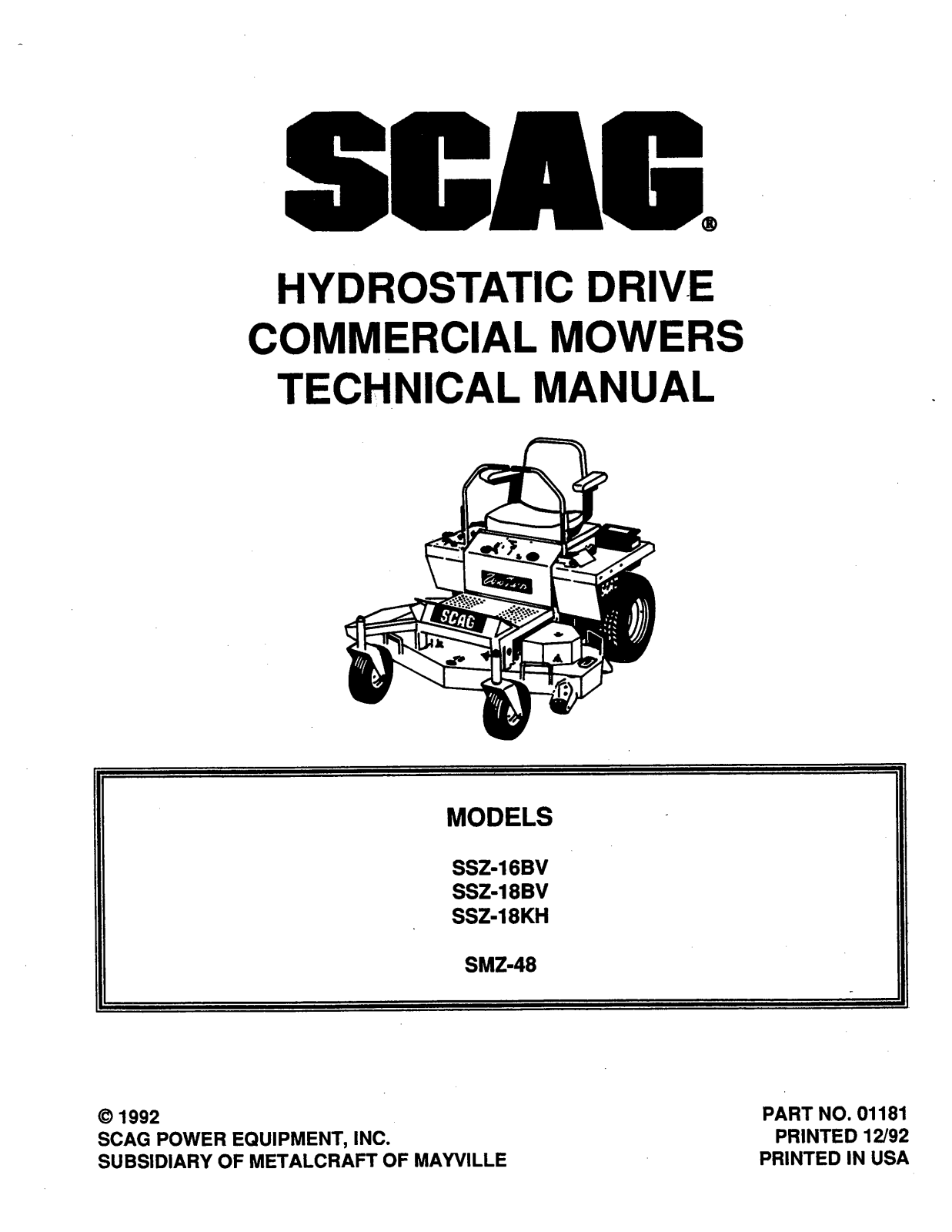 Scag SSZ-18BV, SMZ-48, SSZ-18KH, SSZ-16KH, SSZ-16BV User Manual