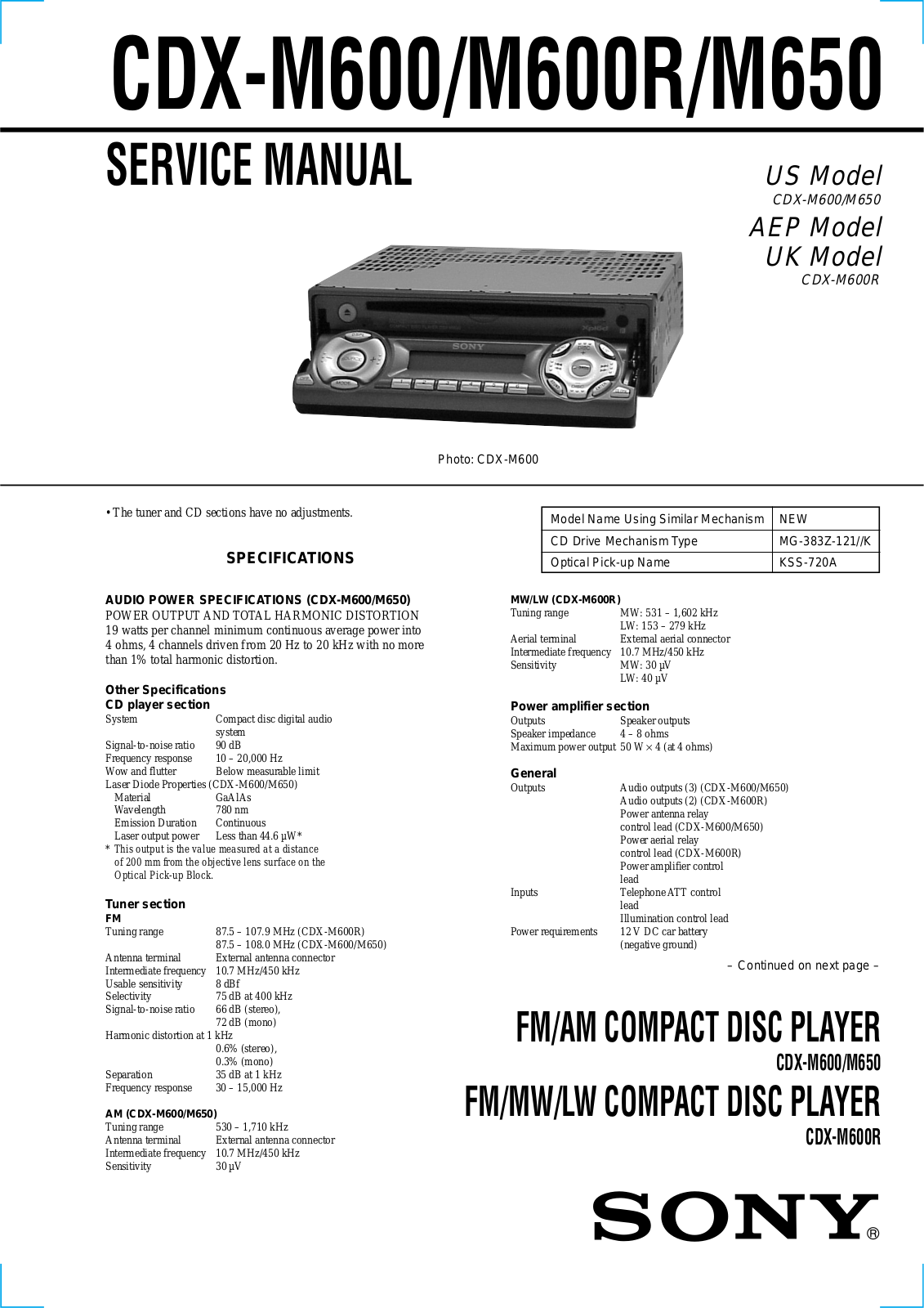 Sony CDX - M 600650 SERVICE MANUAL