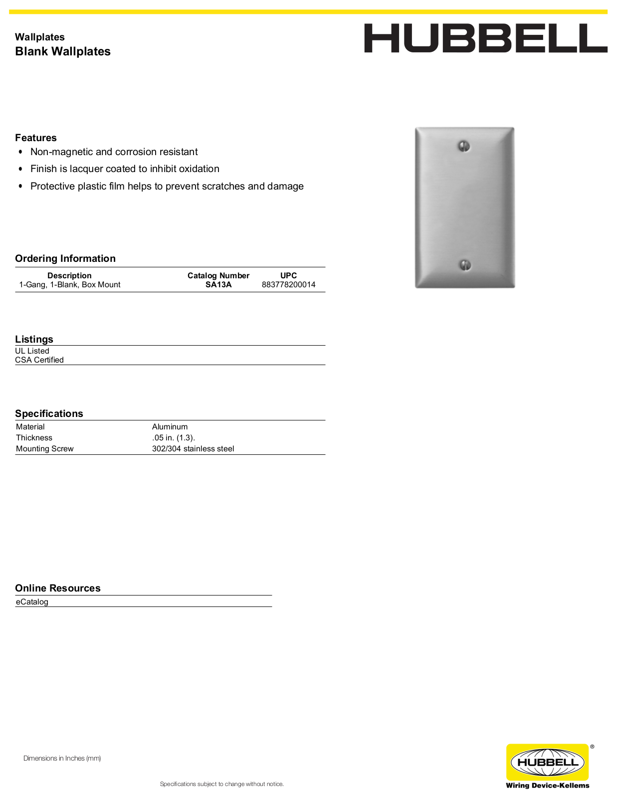 Hubbell SA13A Specifications