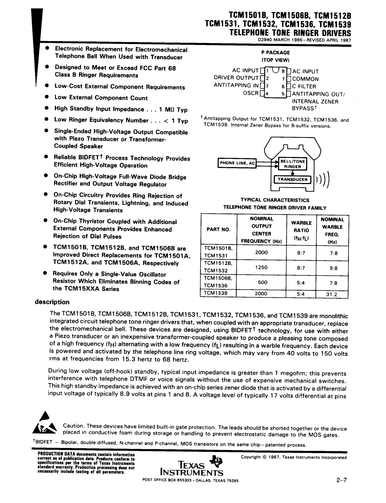 TEXAS INSTRUMENTS TCM1501B, TCM1506B, TCM1512B, TCM1531, TCM1532 Technical data