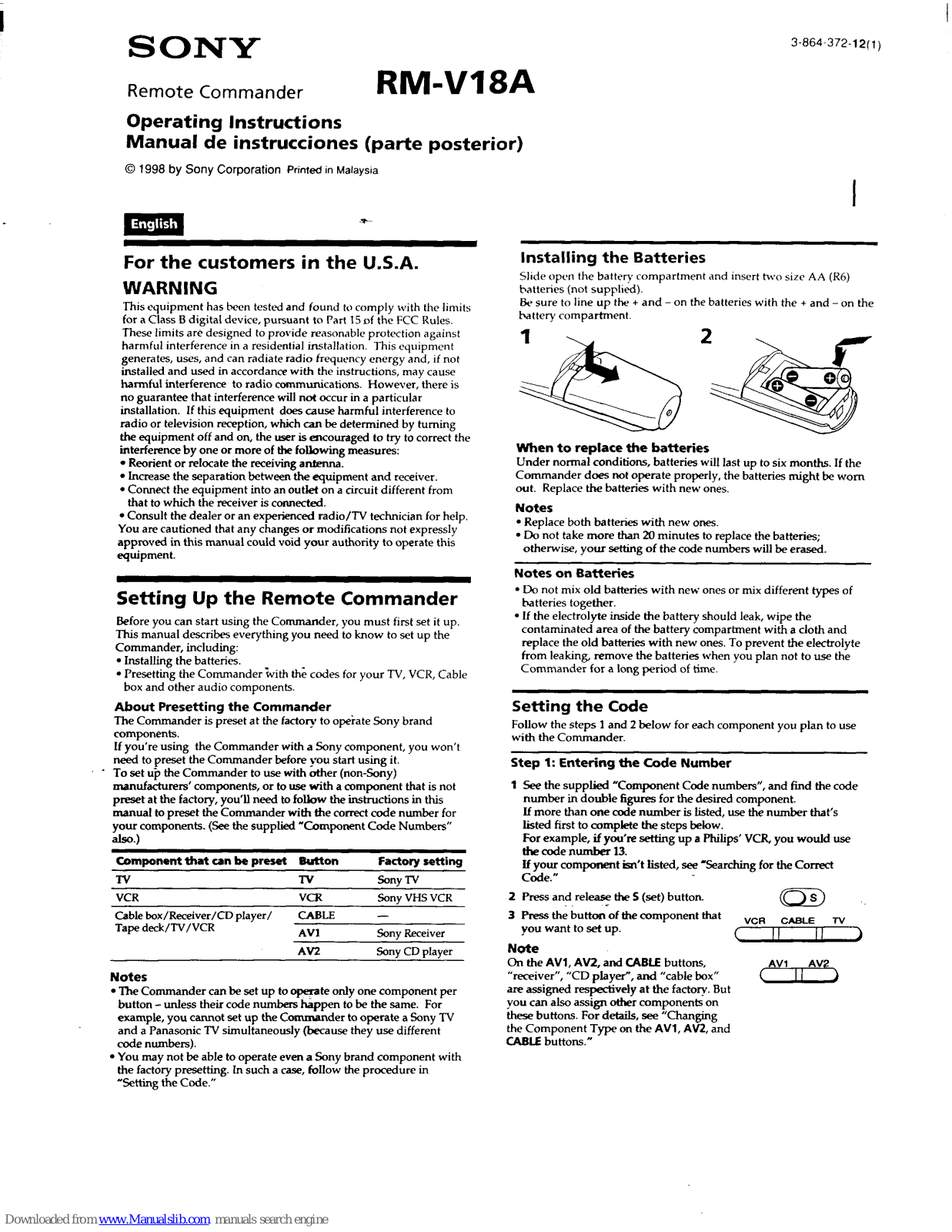 Sony RM-V18A Operating Instructions (primary manual) Operating Instructions Manual