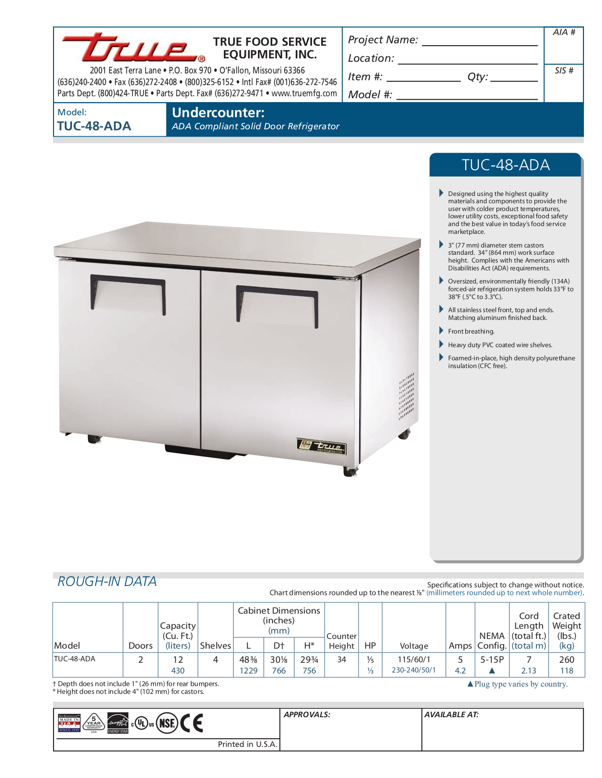 True TUC-48-ADA User Manual