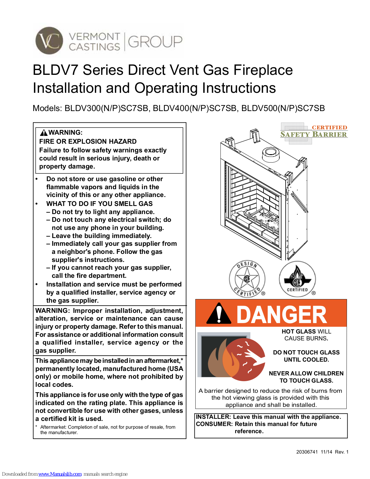 Vermont Castings BLDV300N SC7SB, BLDV400PSC7SB, BLDV300PSC7SB, BLDV500NSC7SB, BLDV500PSC7SB Installation And Operating Instructions Manual