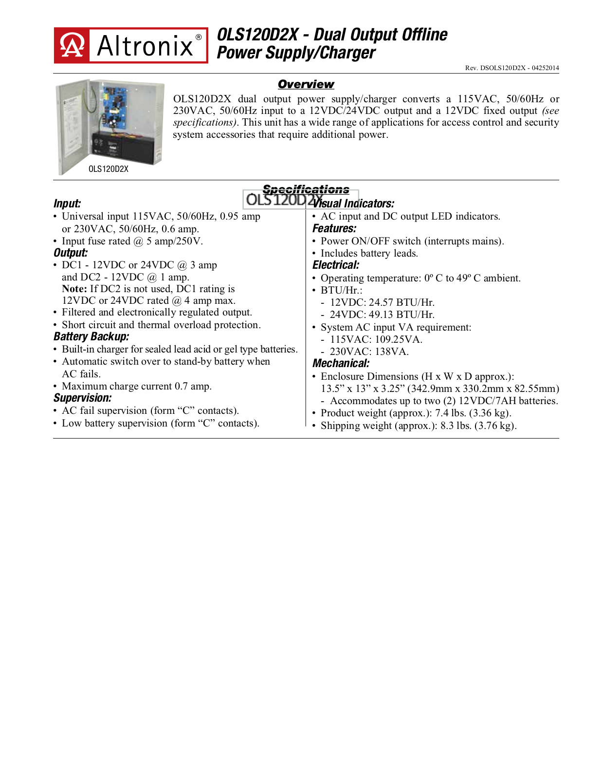 Altronix OLS120D2X Specsheet