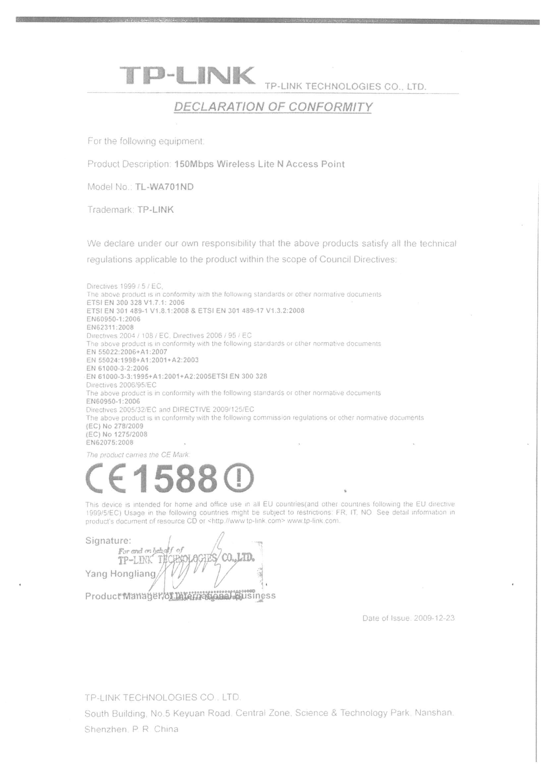 TP-Link TL-WA701ND Declaration of Conformity